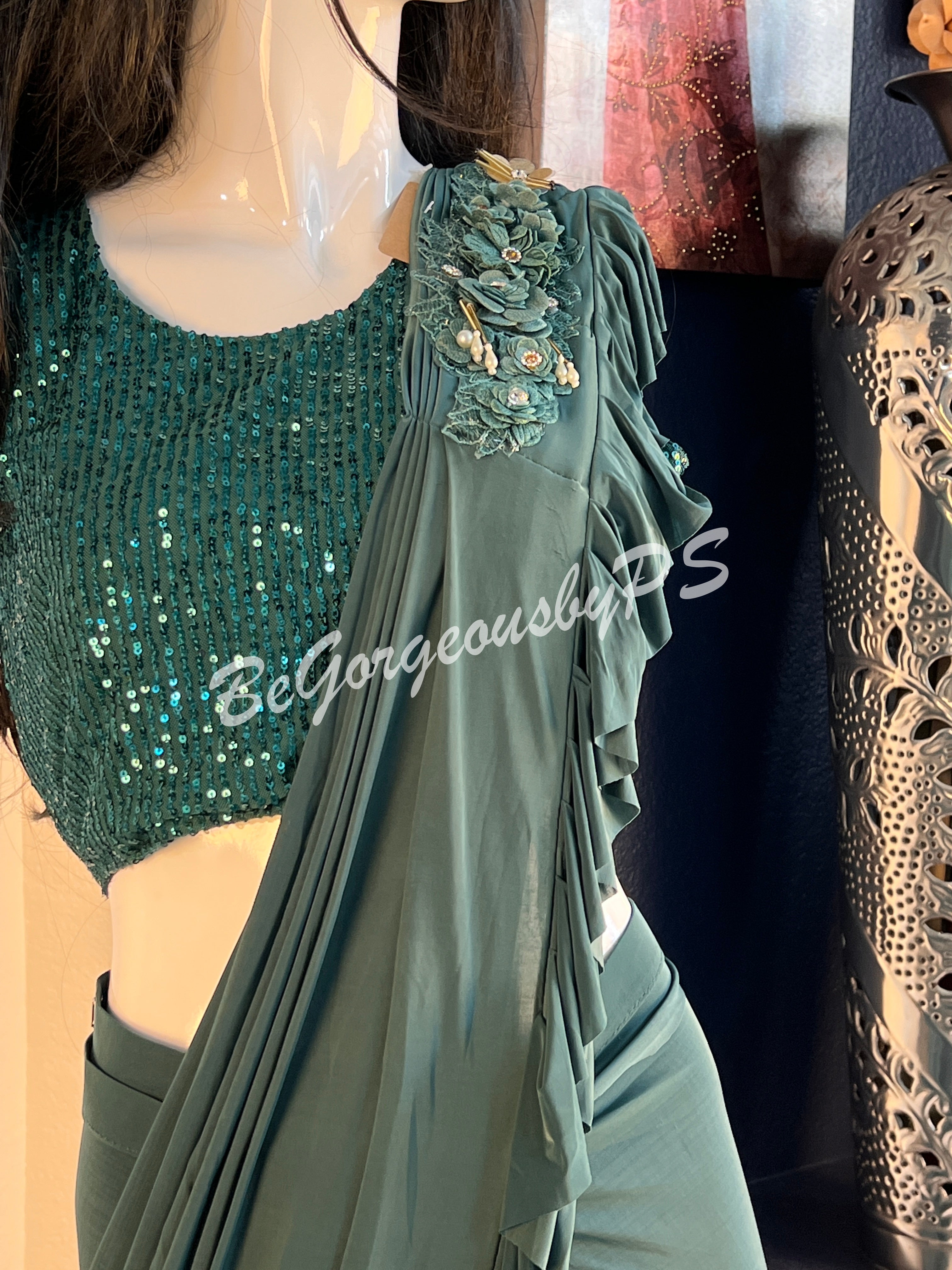 STITCHED SAREE SEQUENCE BLOUSE BOTTLE GREEN