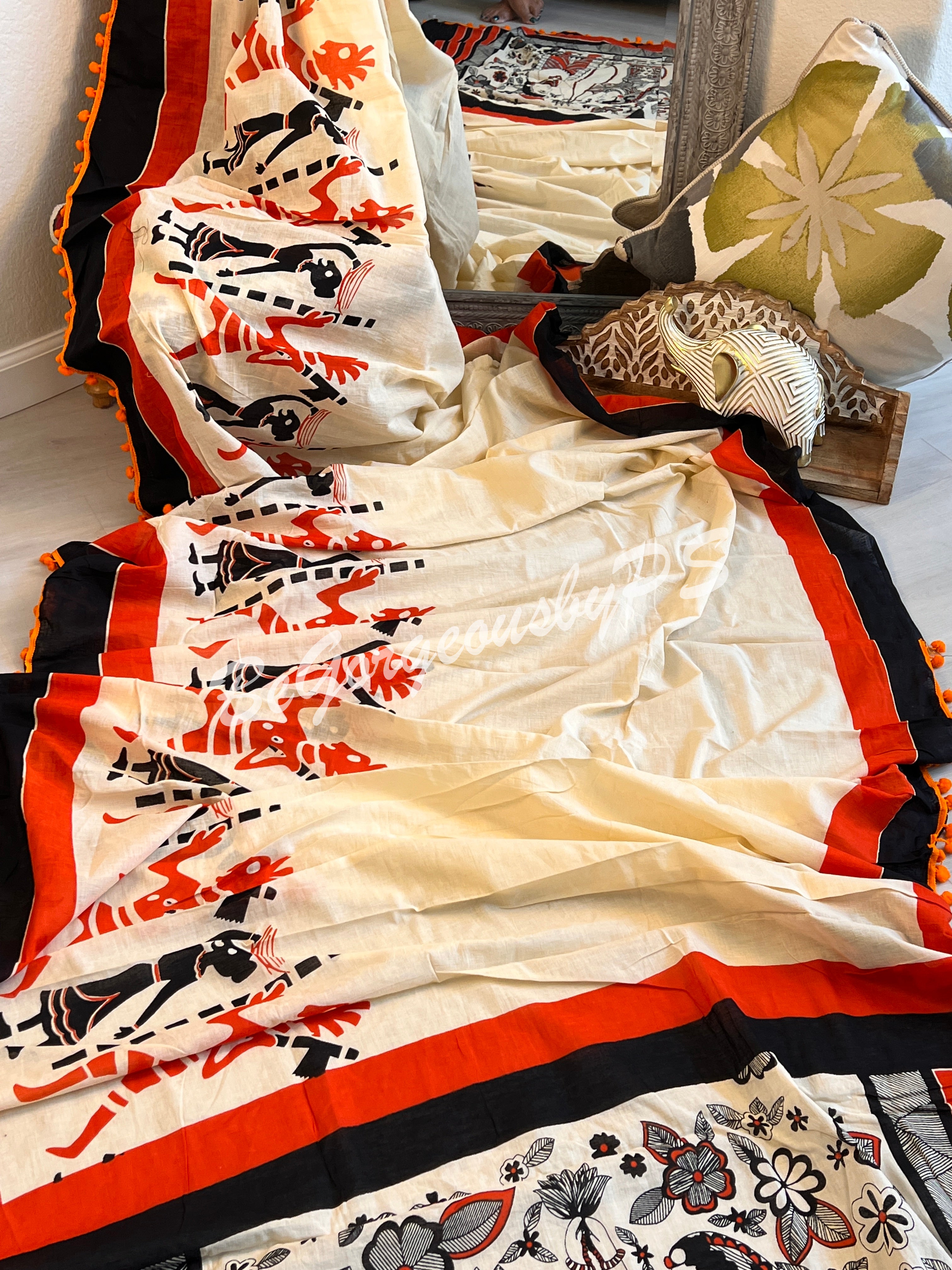 MULMUL COTTON POMPOM MADHUBANI CREAM