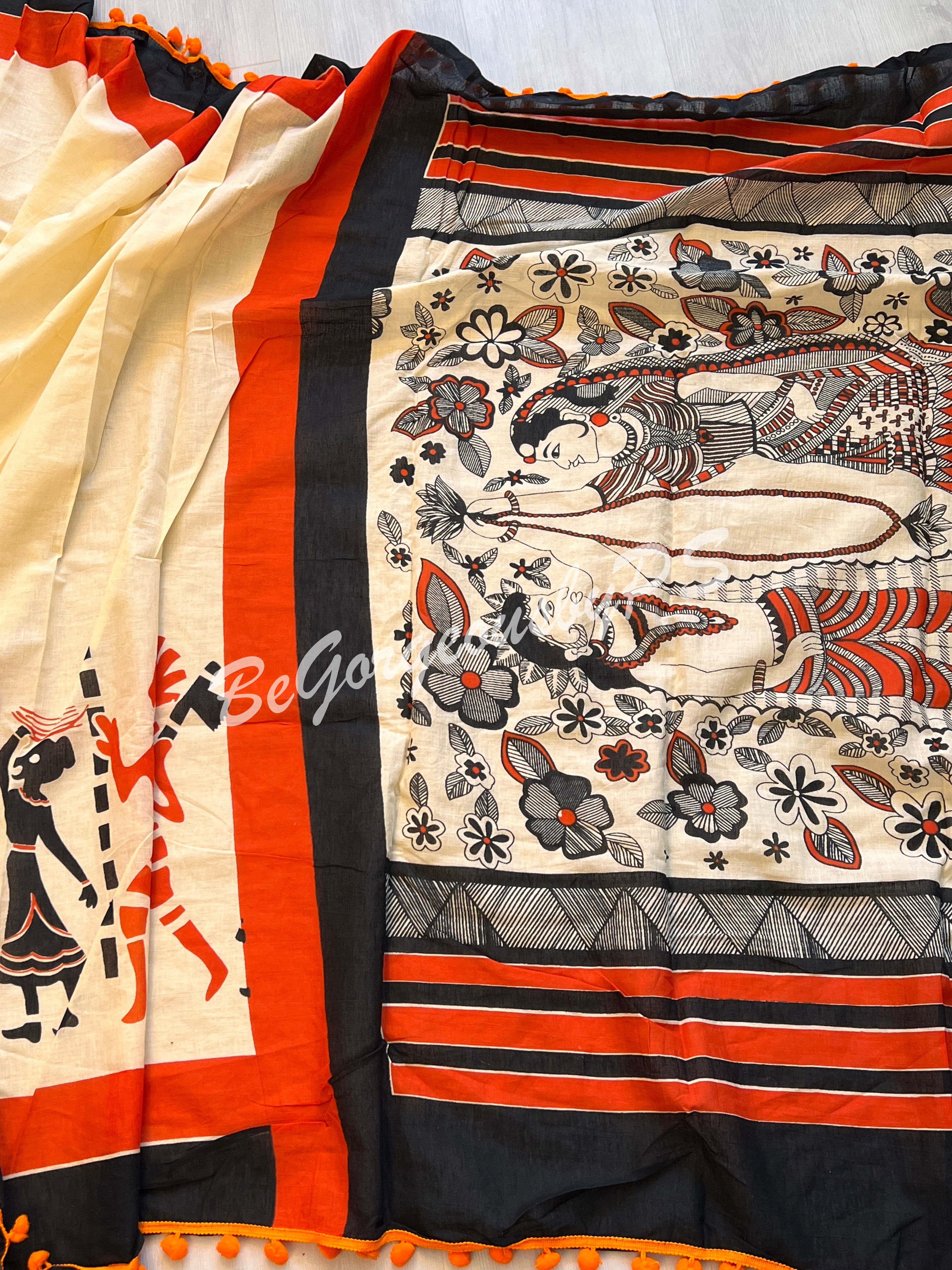 MULMUL COTTON POMPOM MADHUBANI CREAM