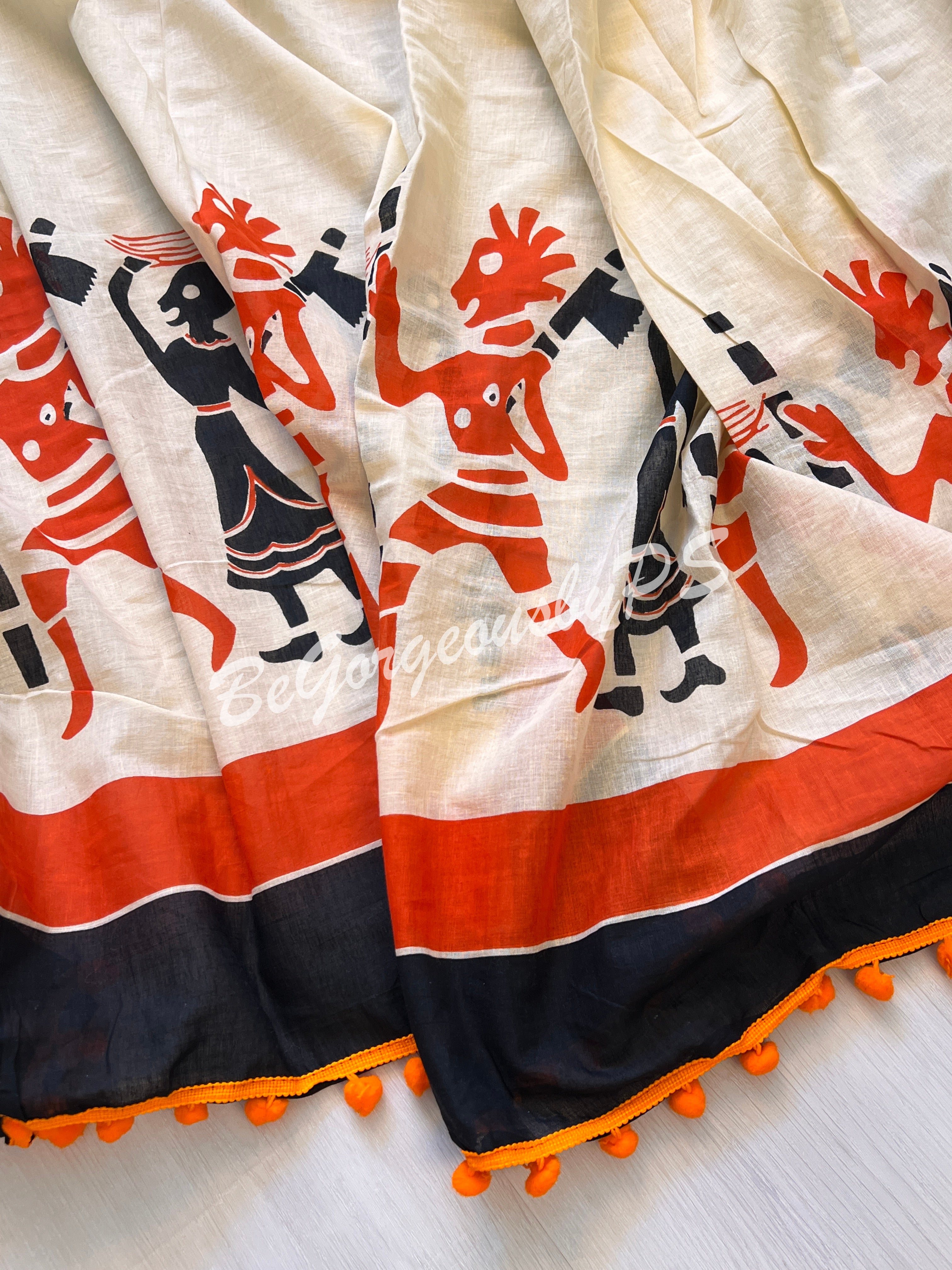 MULMUL COTTON POMPOM MADHUBANI CREAM