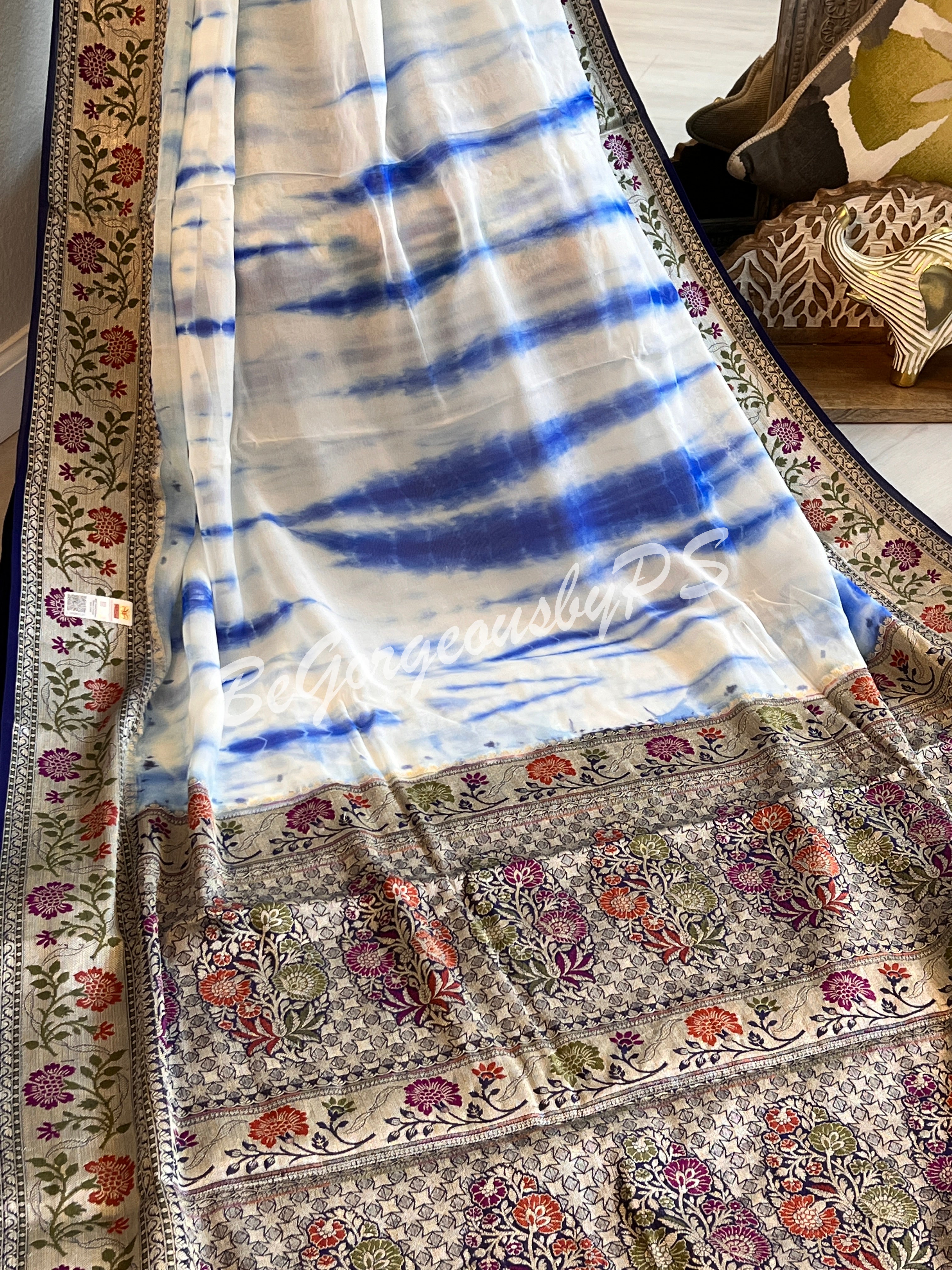 Banarasi Georgette silk shibori dyed gold zari weaved saree with stitched blouse dark blue