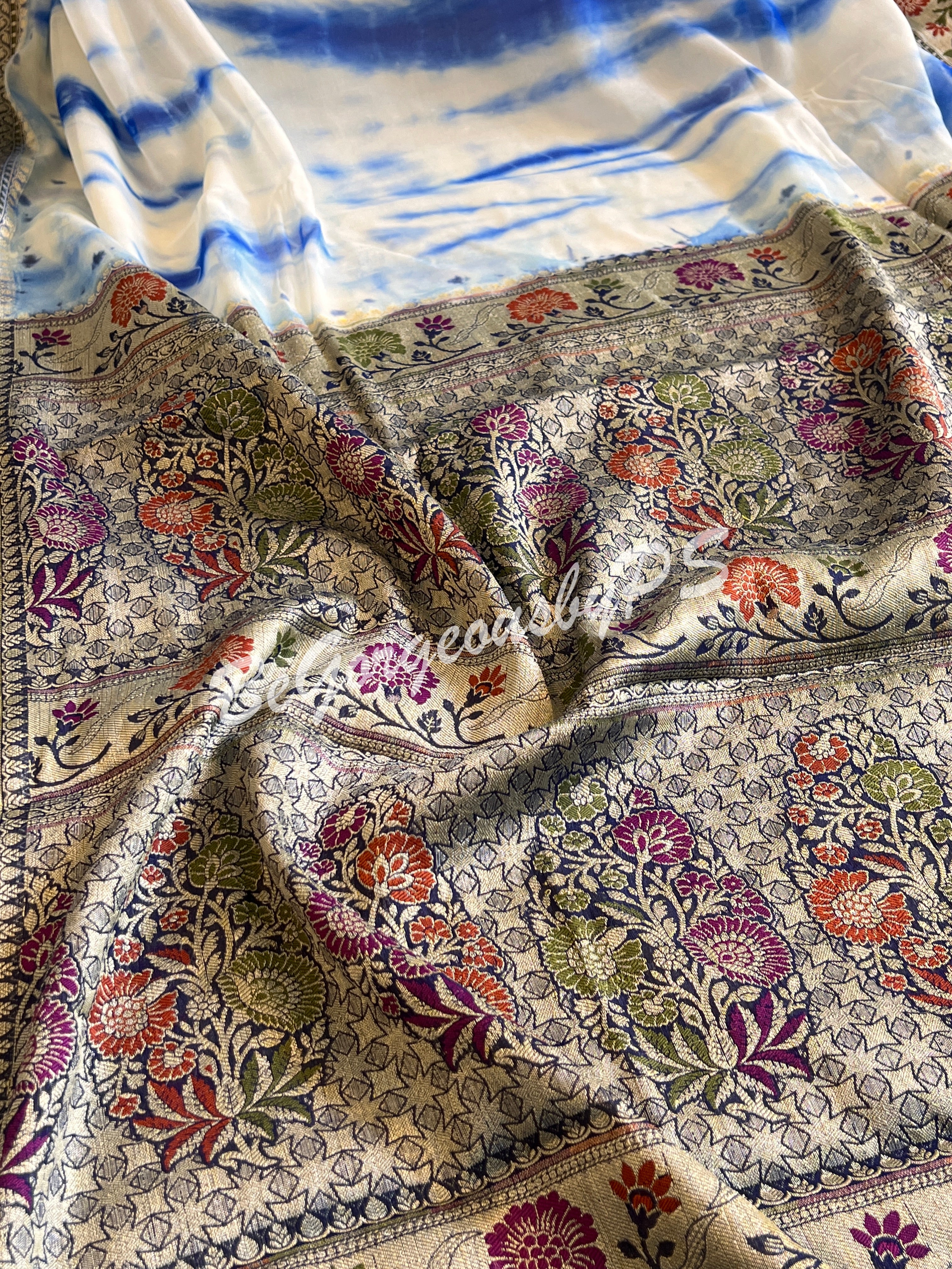 Banarasi Georgette silk shibori dyed gold zari weaved saree with stitched blouse dark blue
