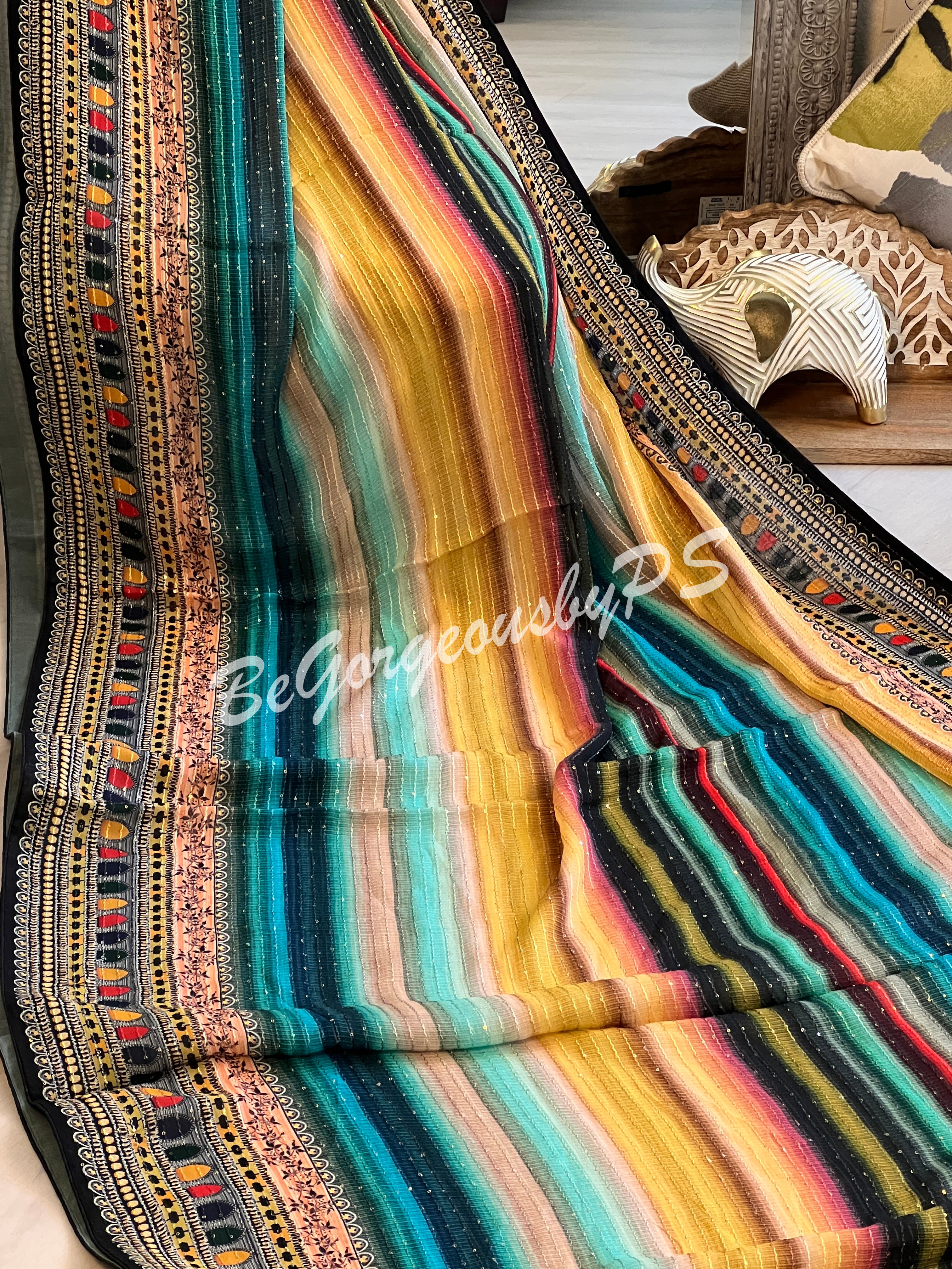 Georgette printed sequin saree sea green stripes