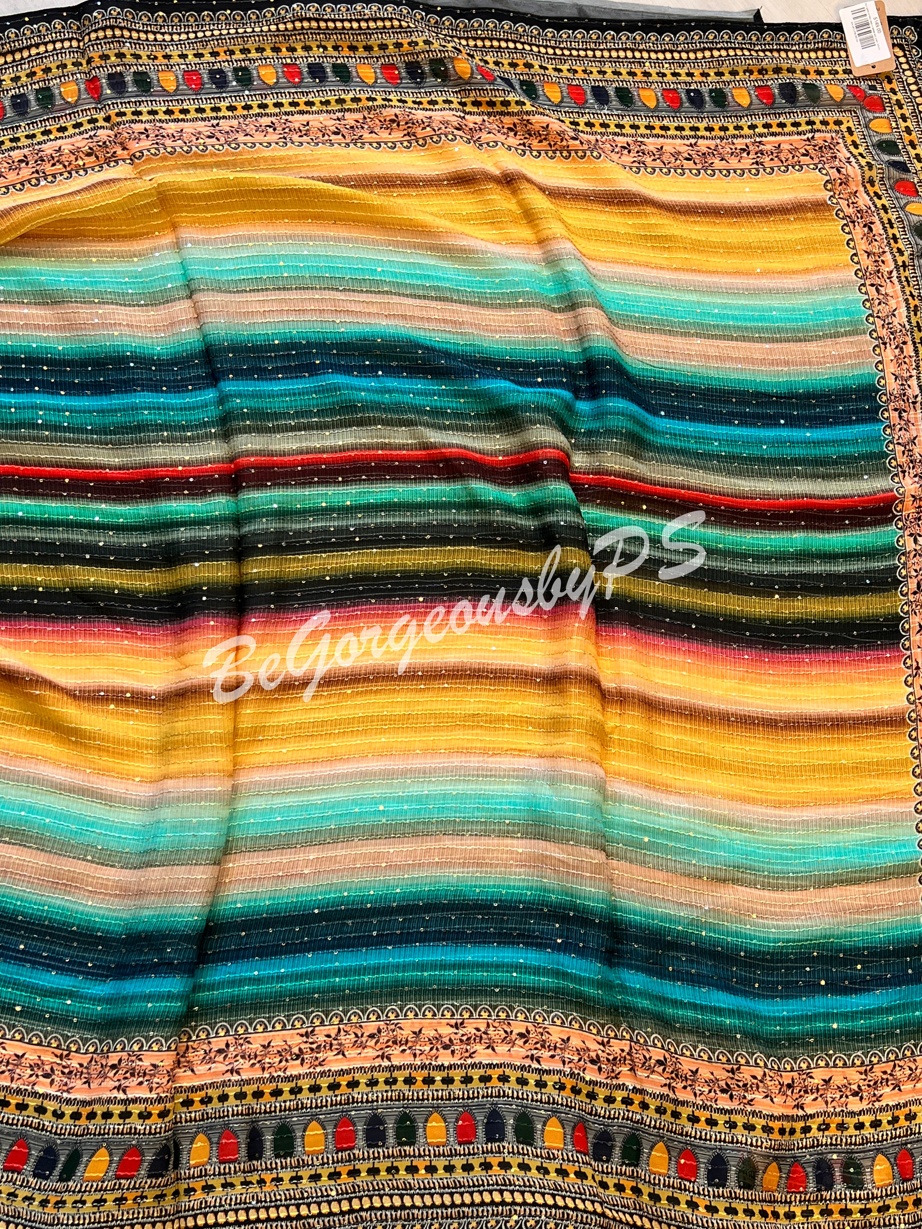 Georgette printed sequin saree sea green stripes