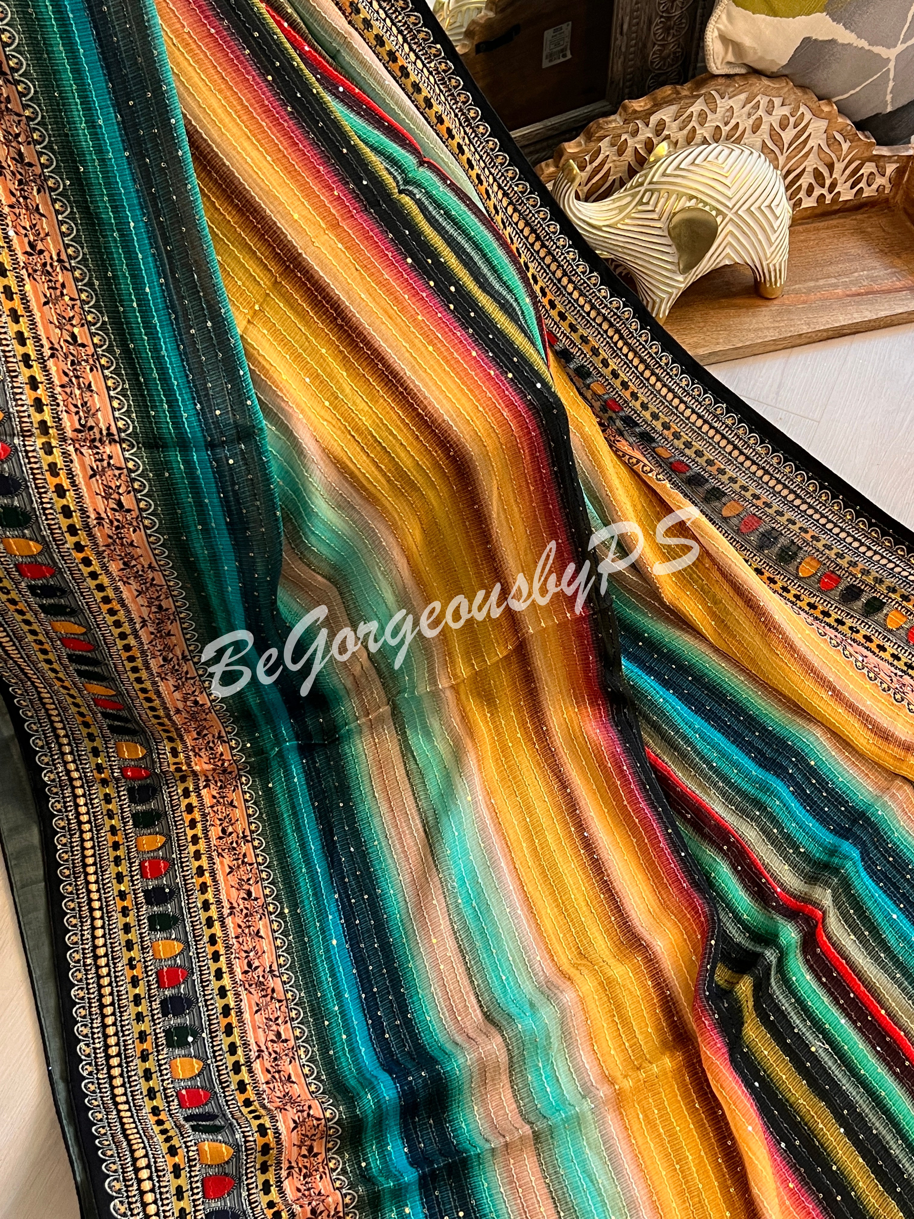 Georgette printed sequin saree sea green stripes