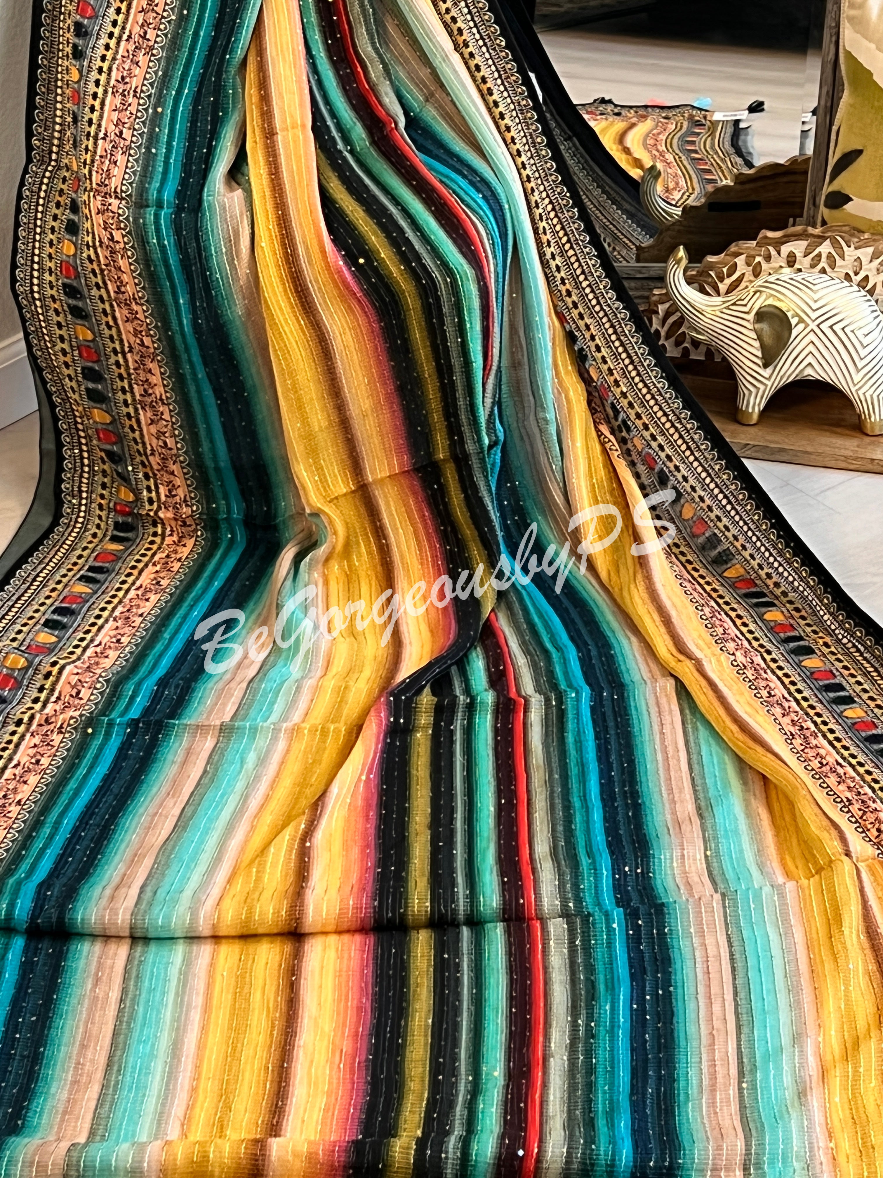 Georgette printed sequin saree sea green stripes