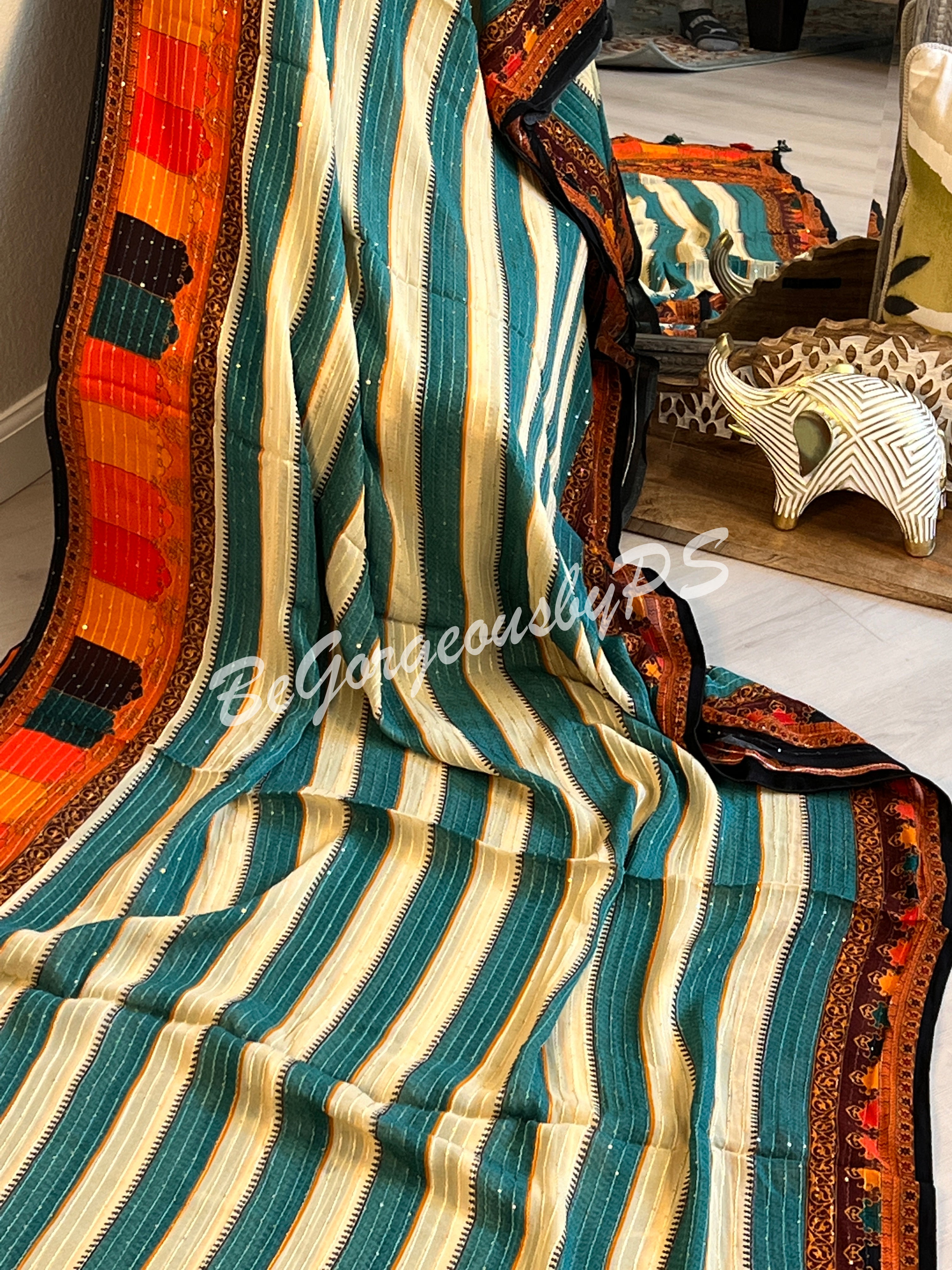 Georgette printed sequin saree green white stripes