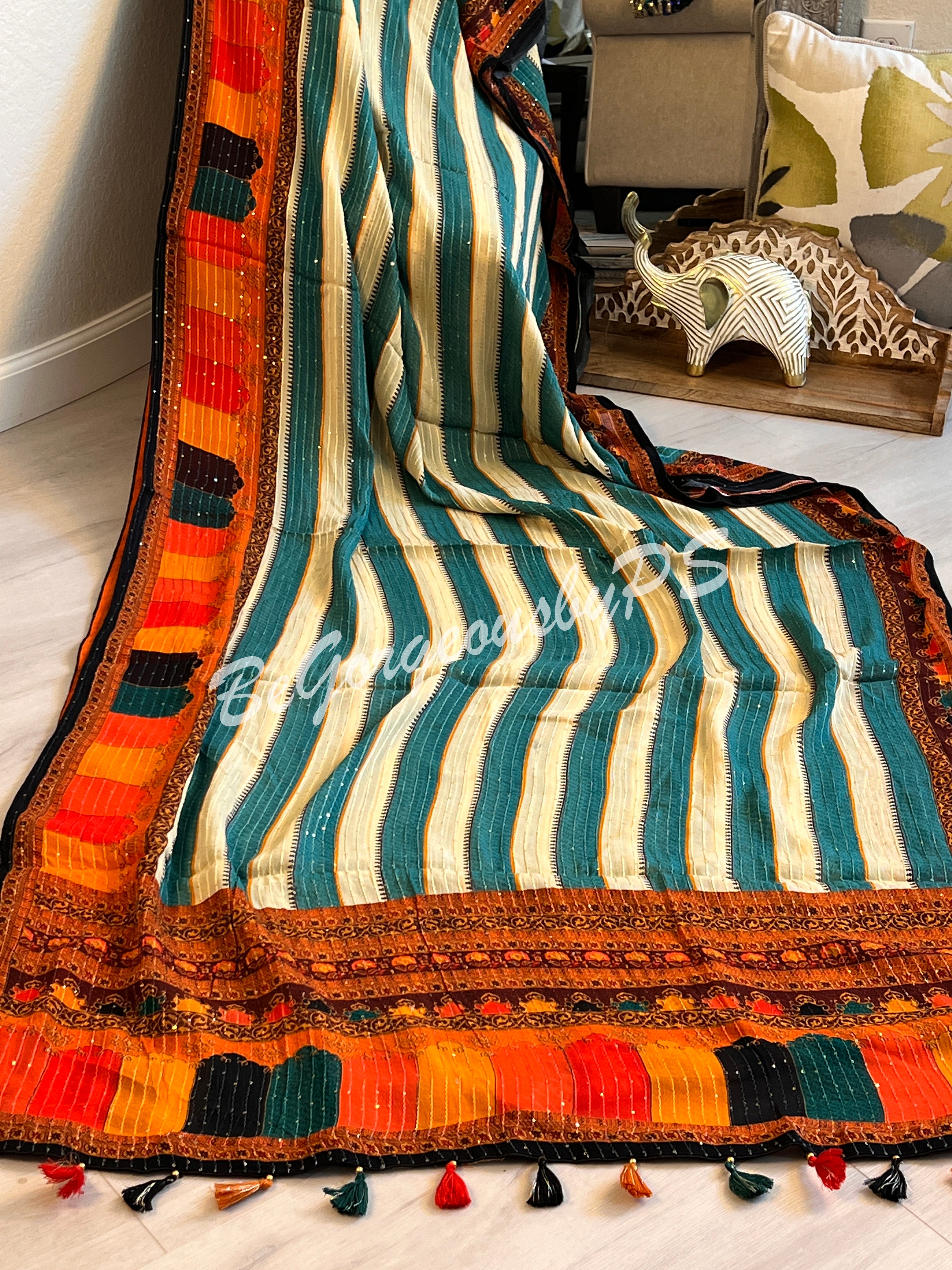 Georgette printed sequin saree green white stripes