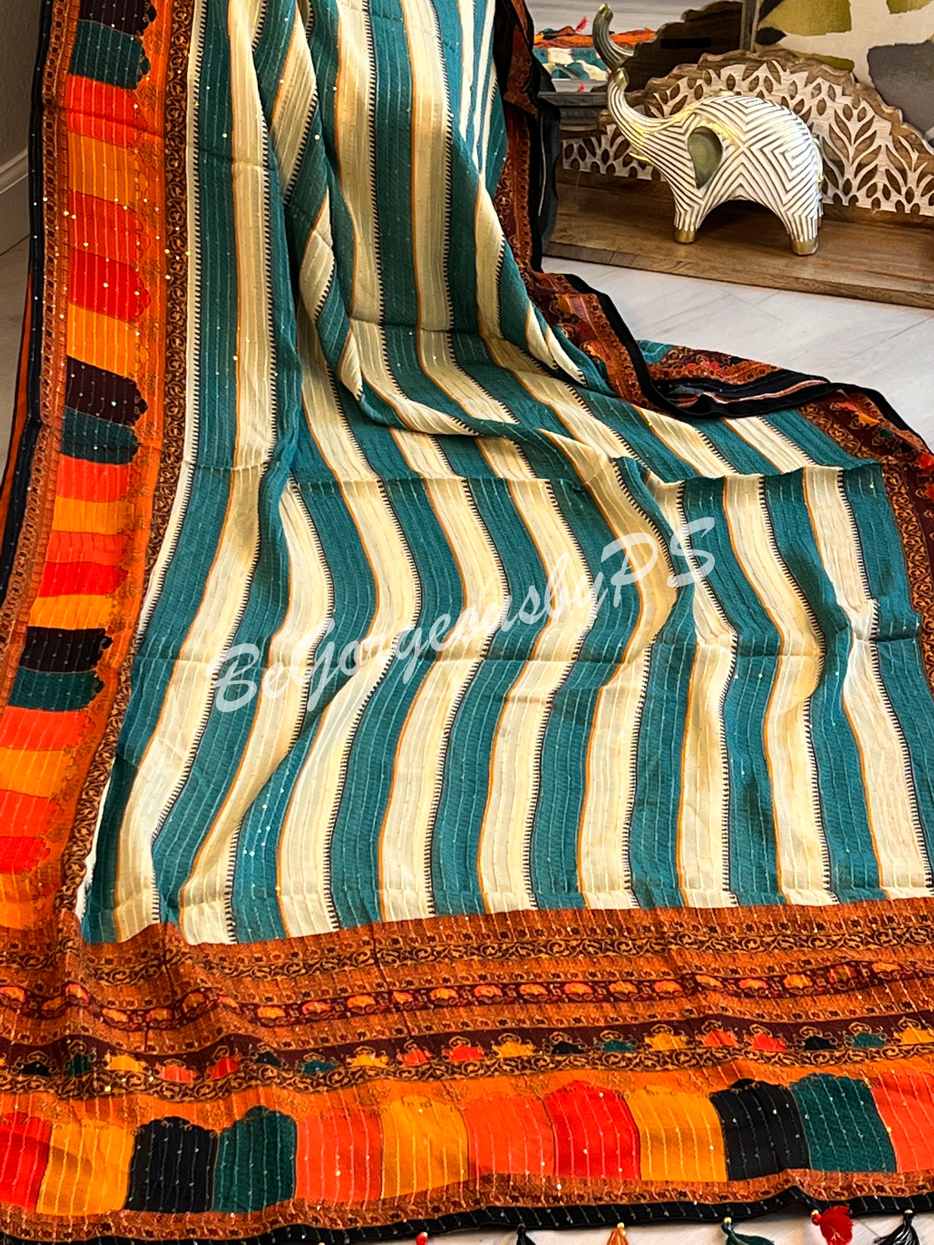 Georgette printed sequin saree green white stripes