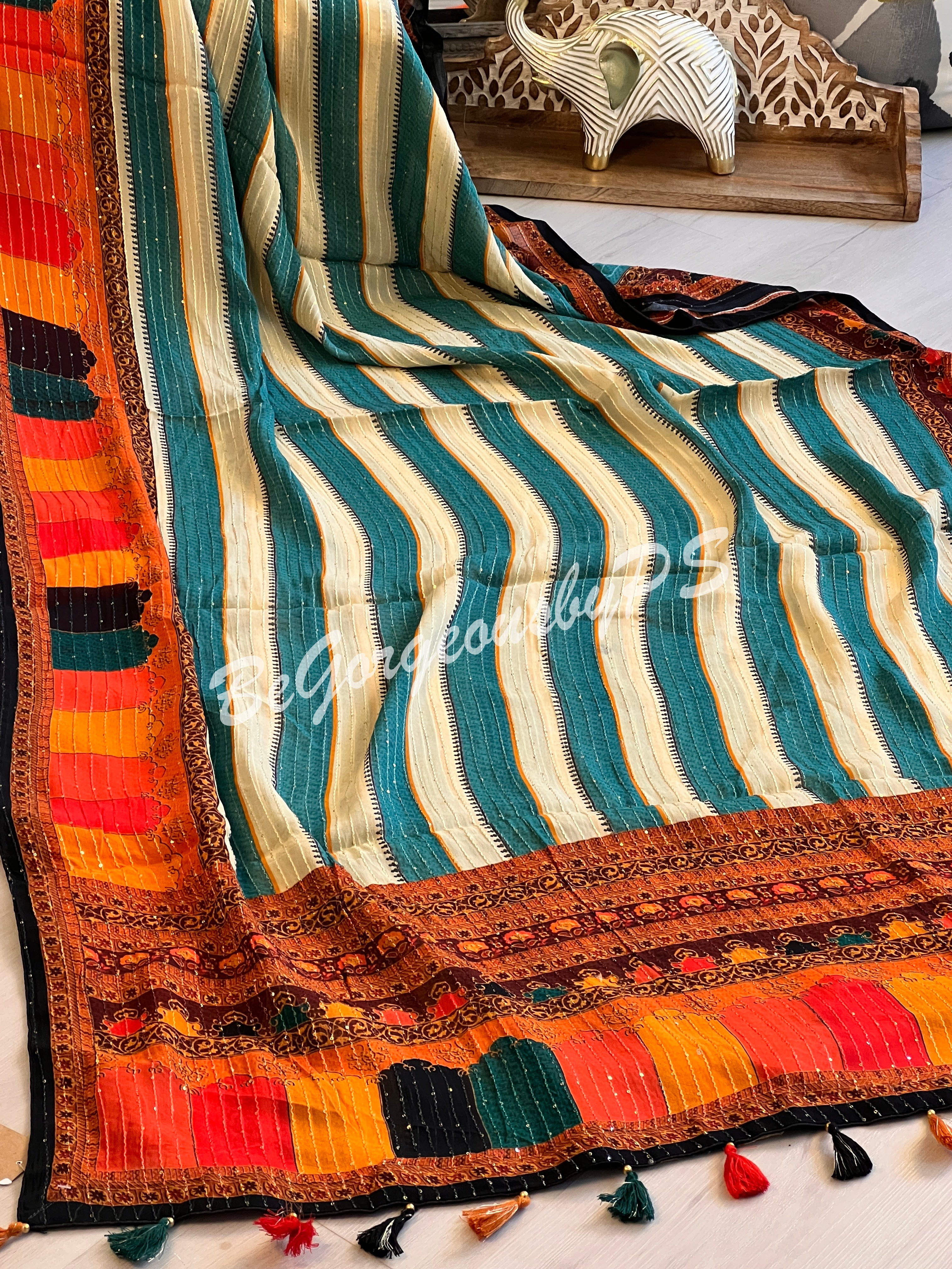 Georgette printed sequin saree green white stripes