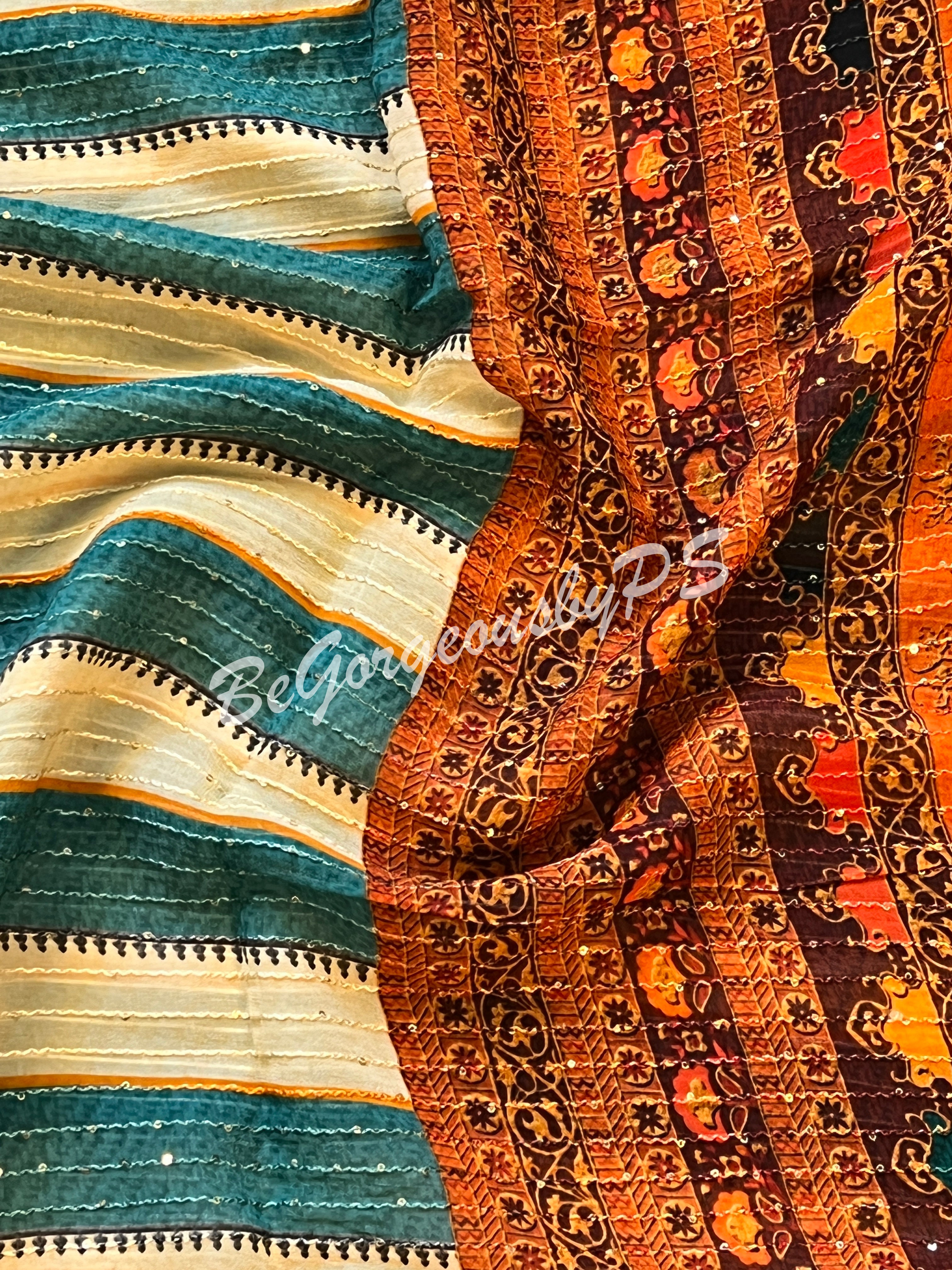 Georgette printed sequin saree green white stripes