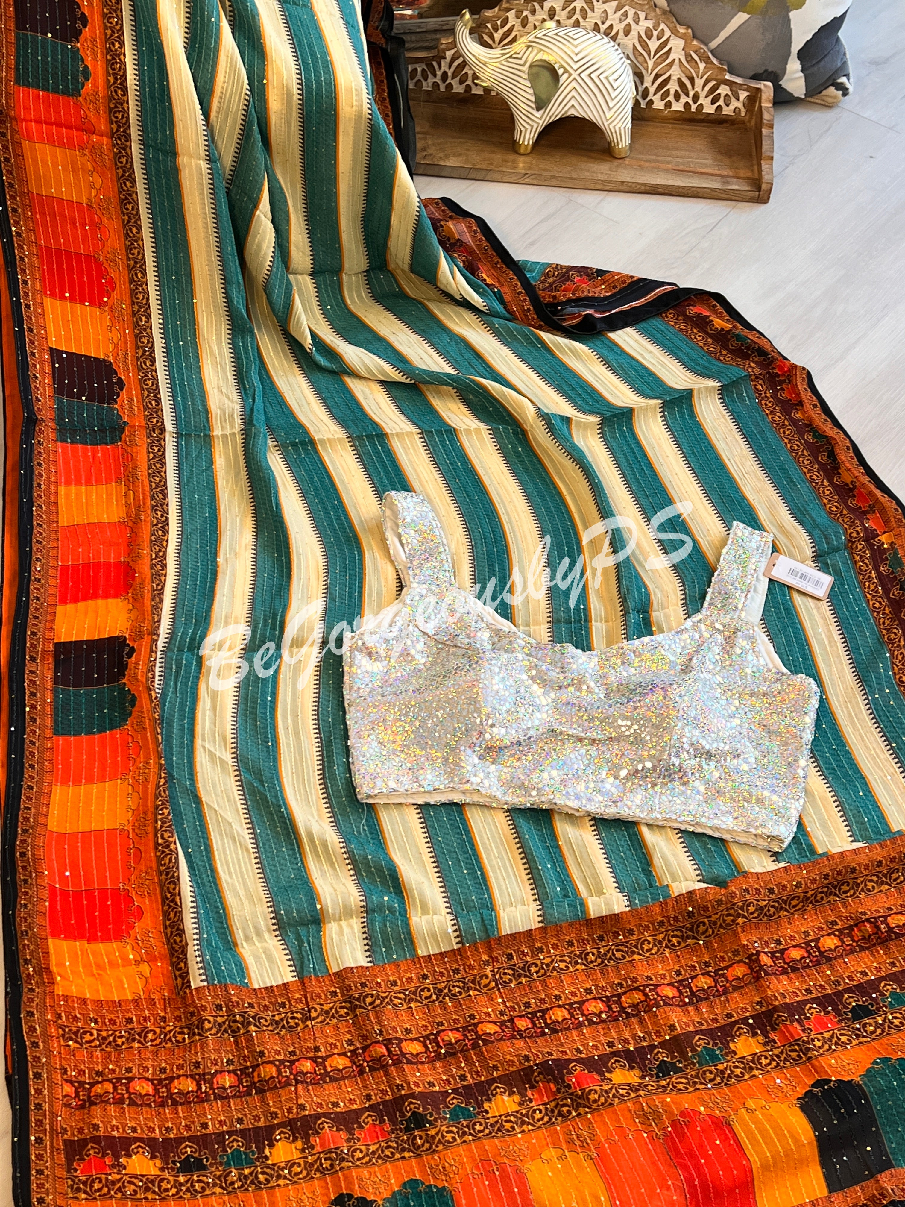 Georgette printed sequin saree green white stripes