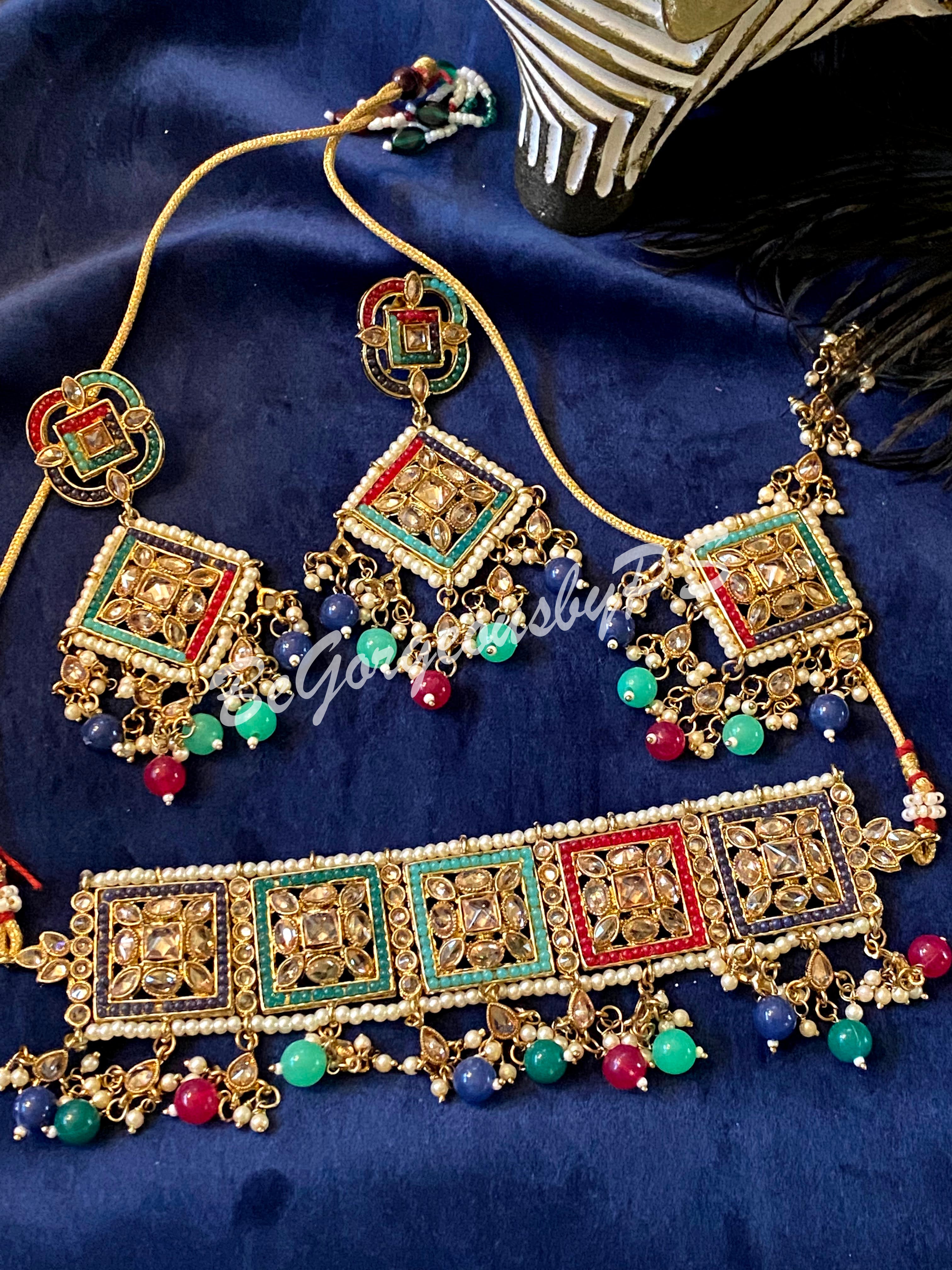 MultiColor Kundan Polki Choker Necklace Set with maangtika