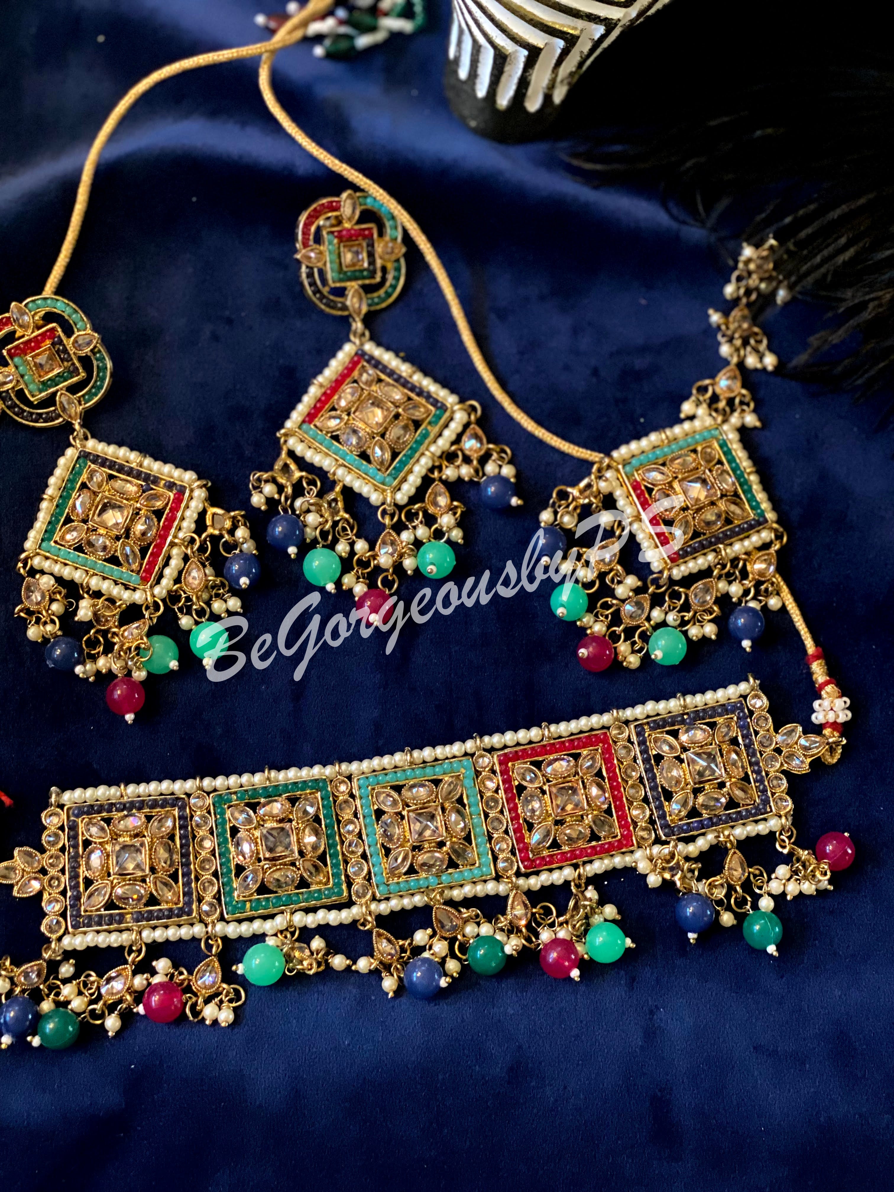 MultiColor Kundan Polki Choker Necklace Set with maangtika