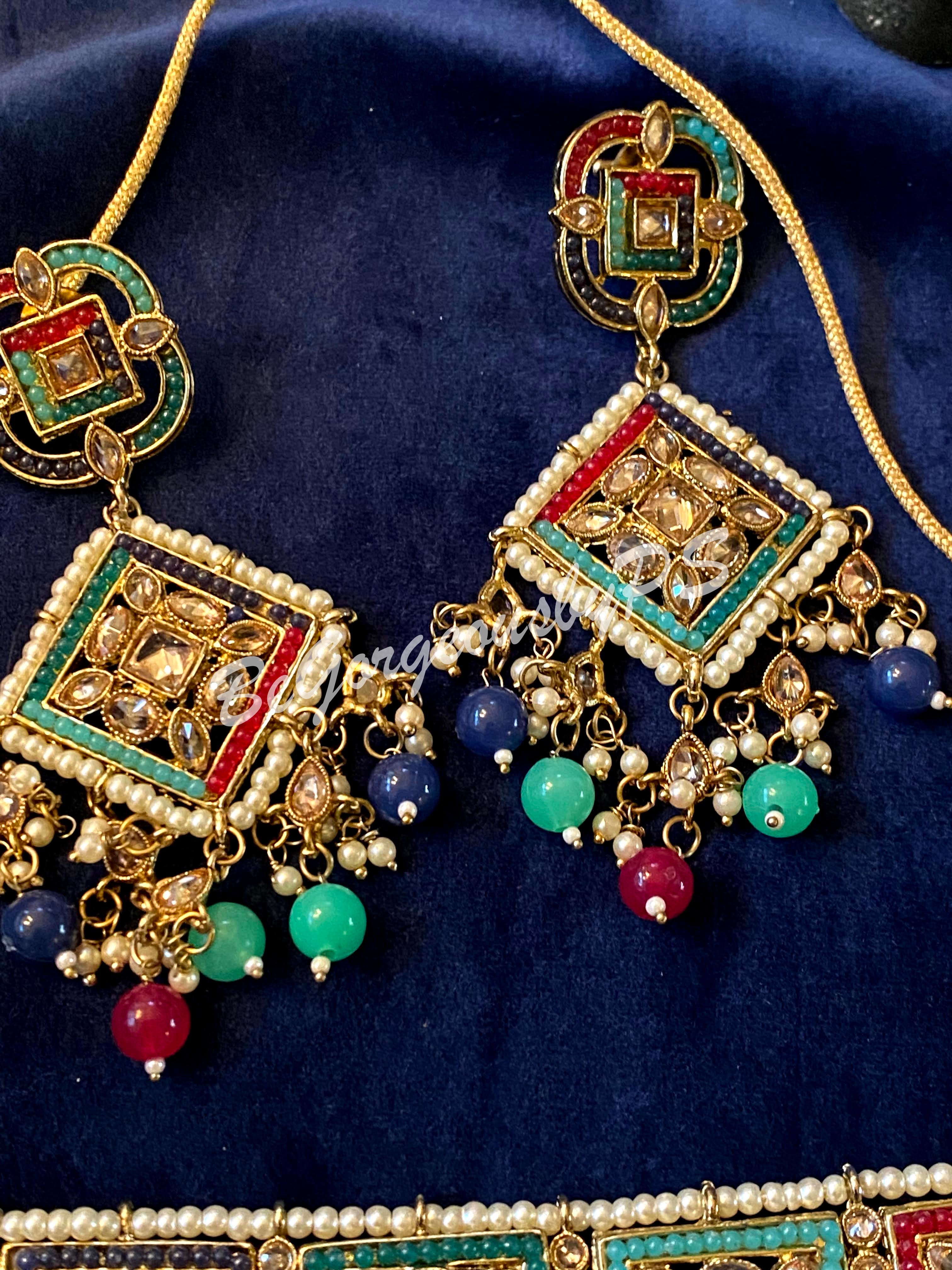 MultiColor Kundan Polki Choker Necklace Set with maangtika