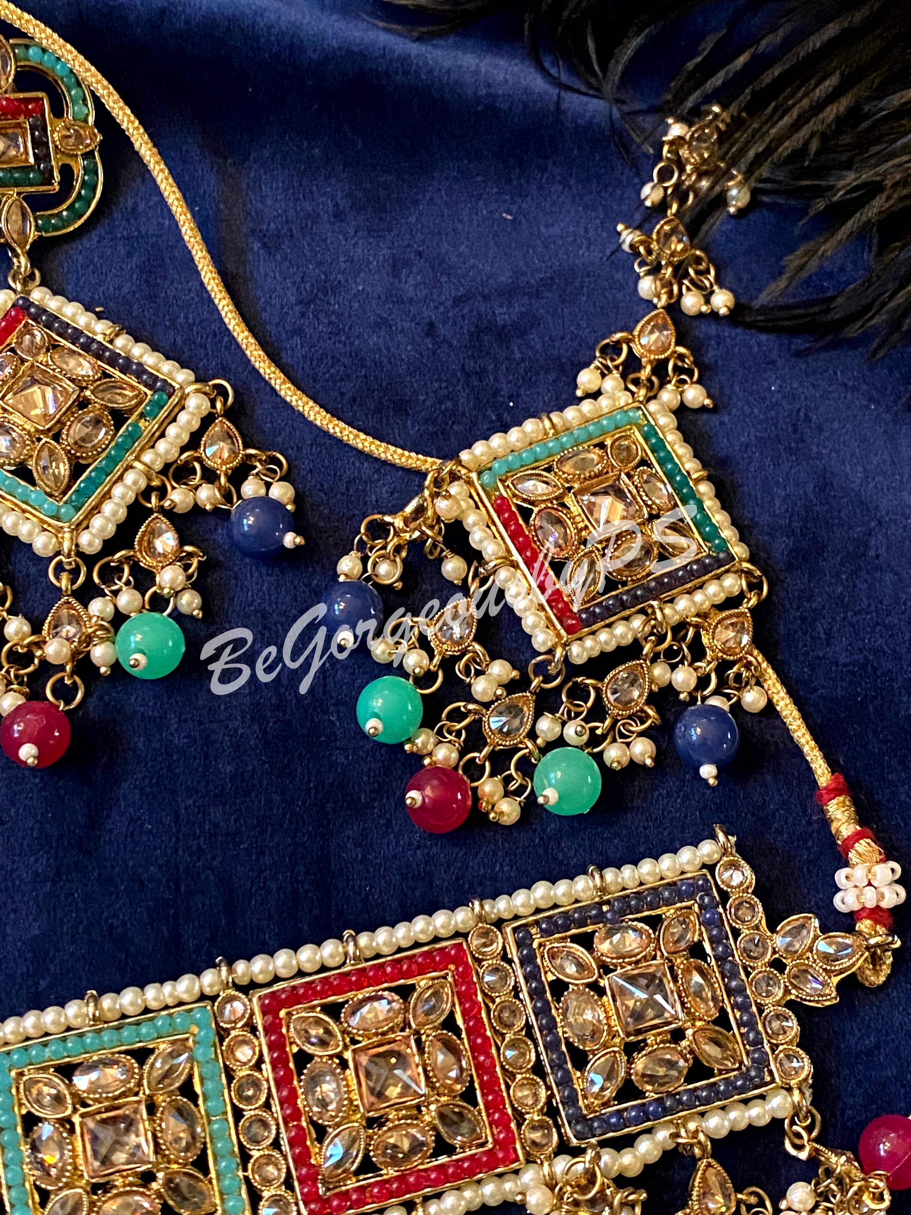 MultiColor Kundan Polki Choker Necklace Set with maangtika