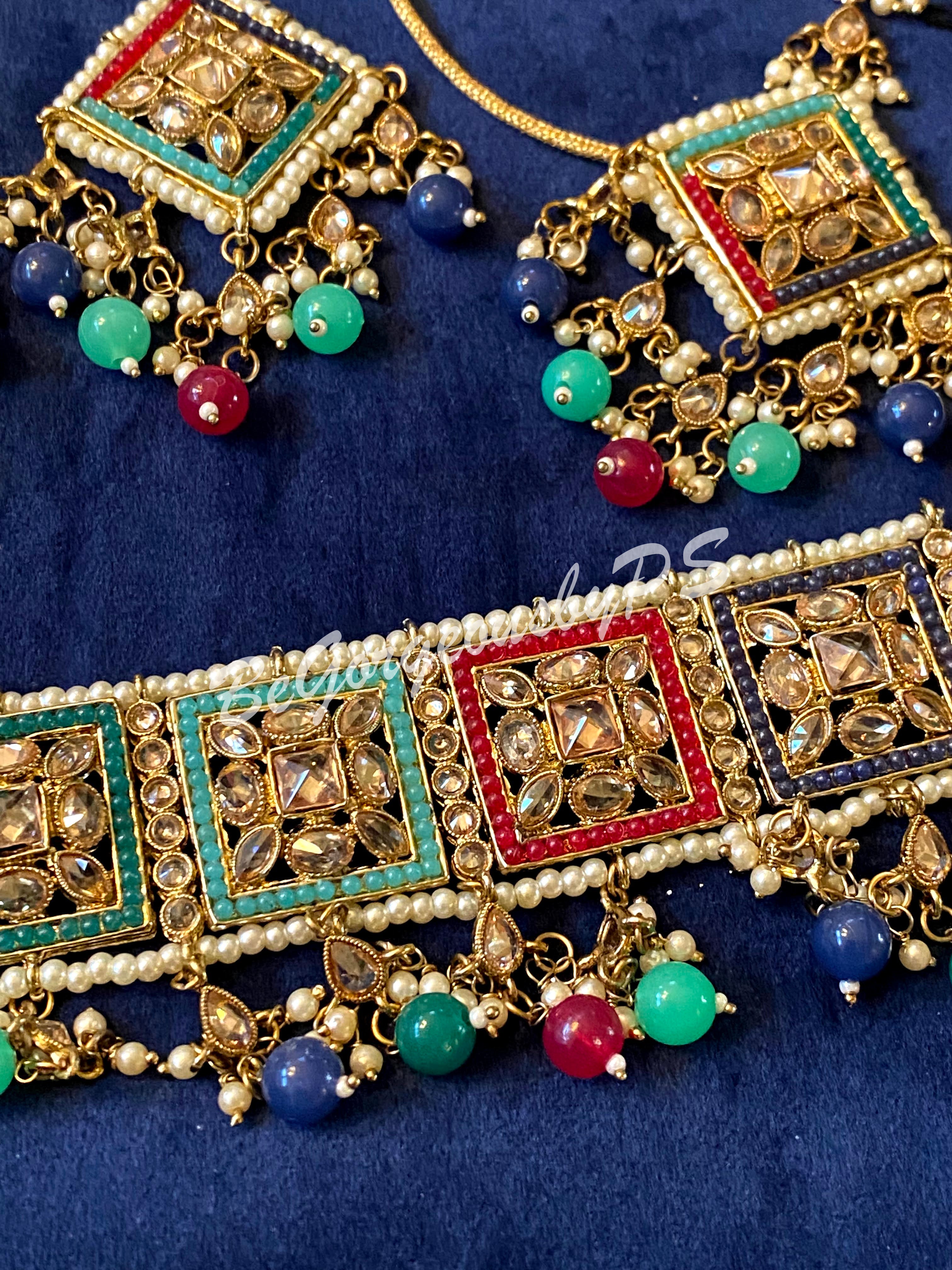 MultiColor Kundan Polki Choker Necklace Set with maangtika