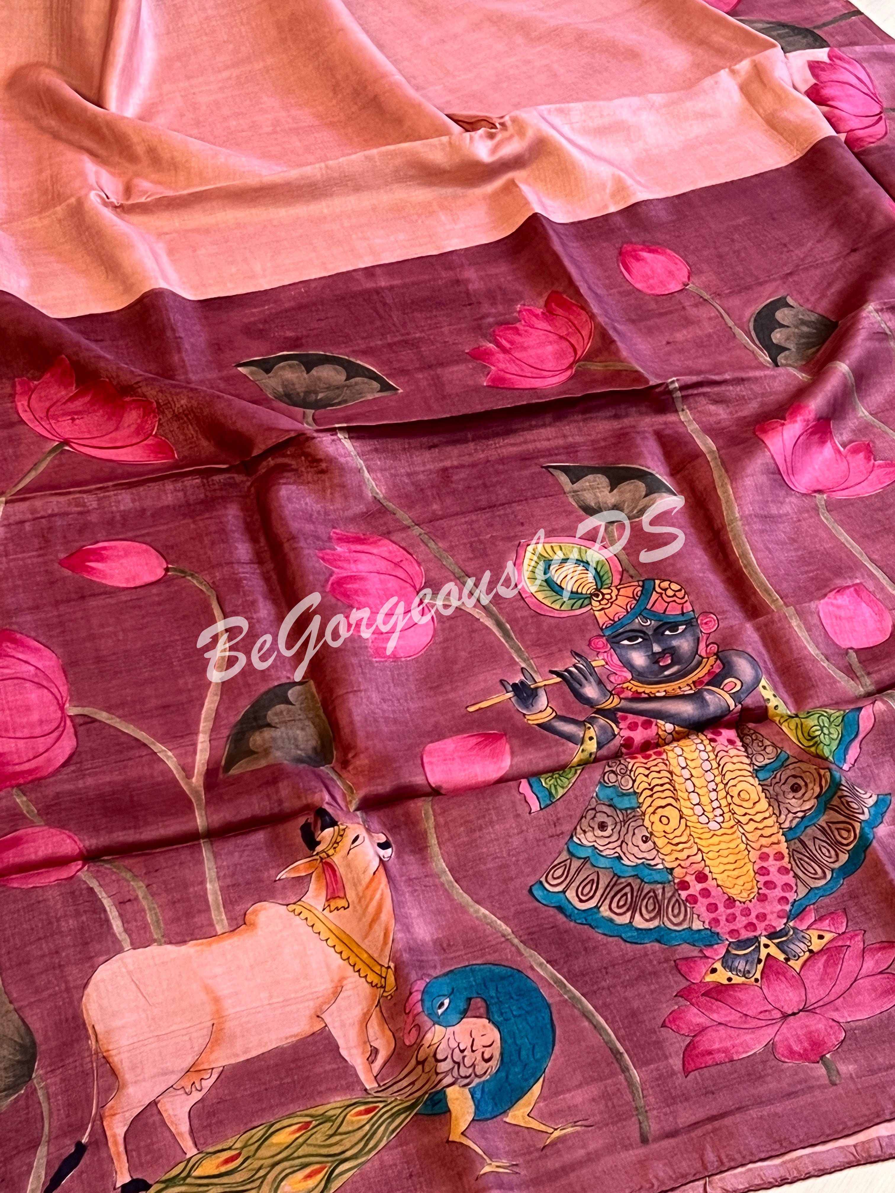 Tussar with handpainted pichwai work pink purple