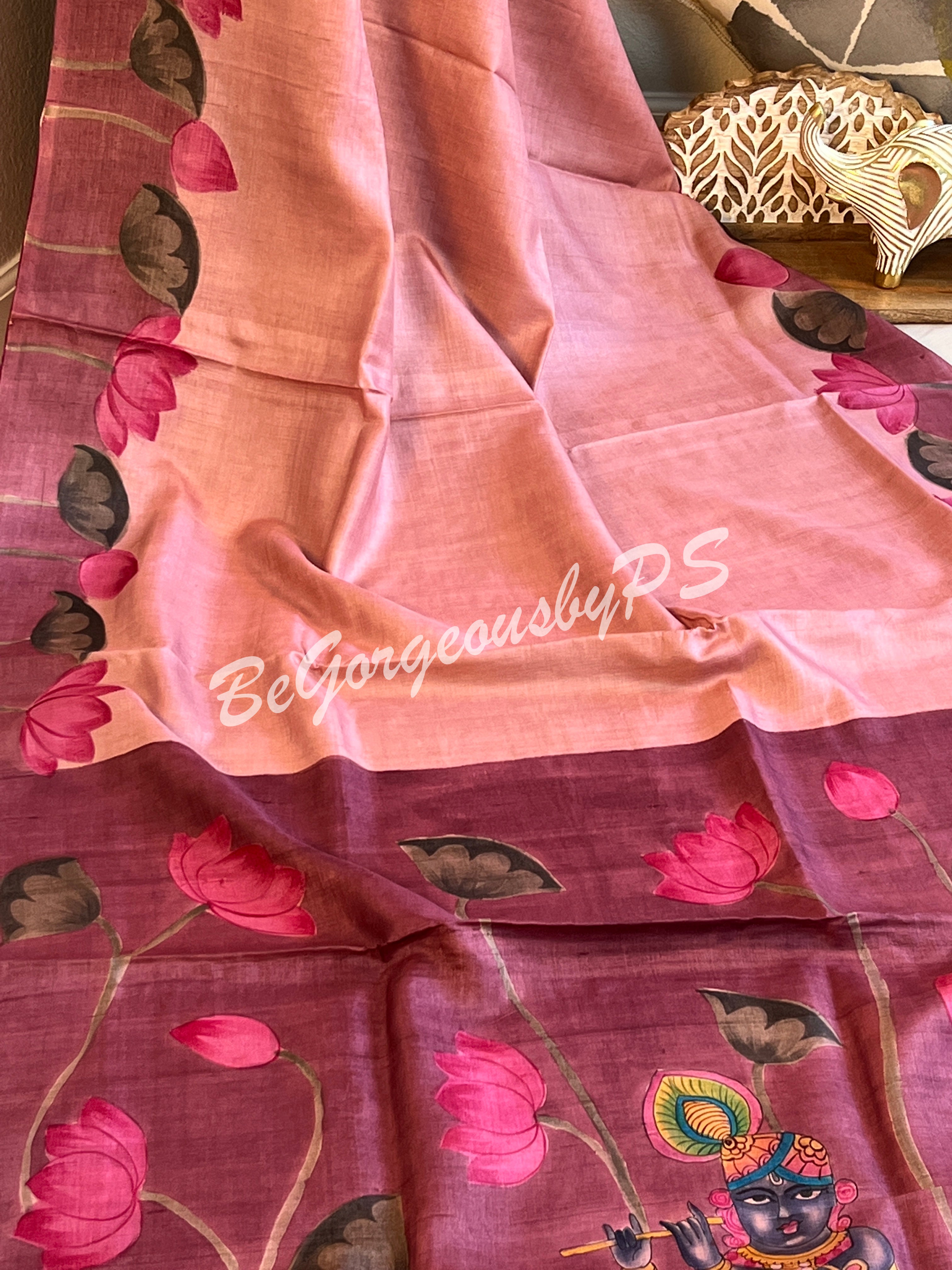 Tussar with handpainted pichwai work pink purple