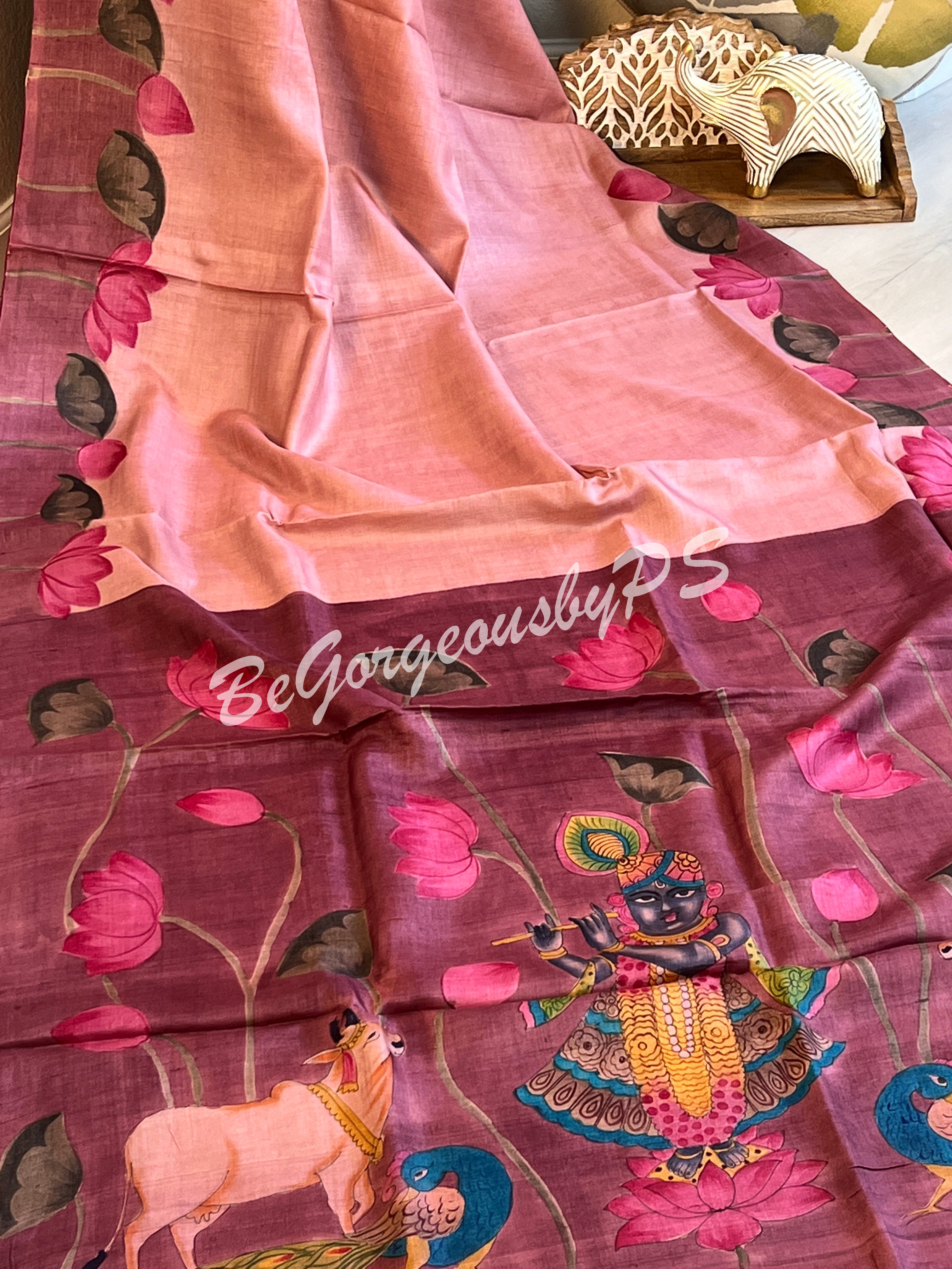 Tussar with handpainted pichwai work pink purple