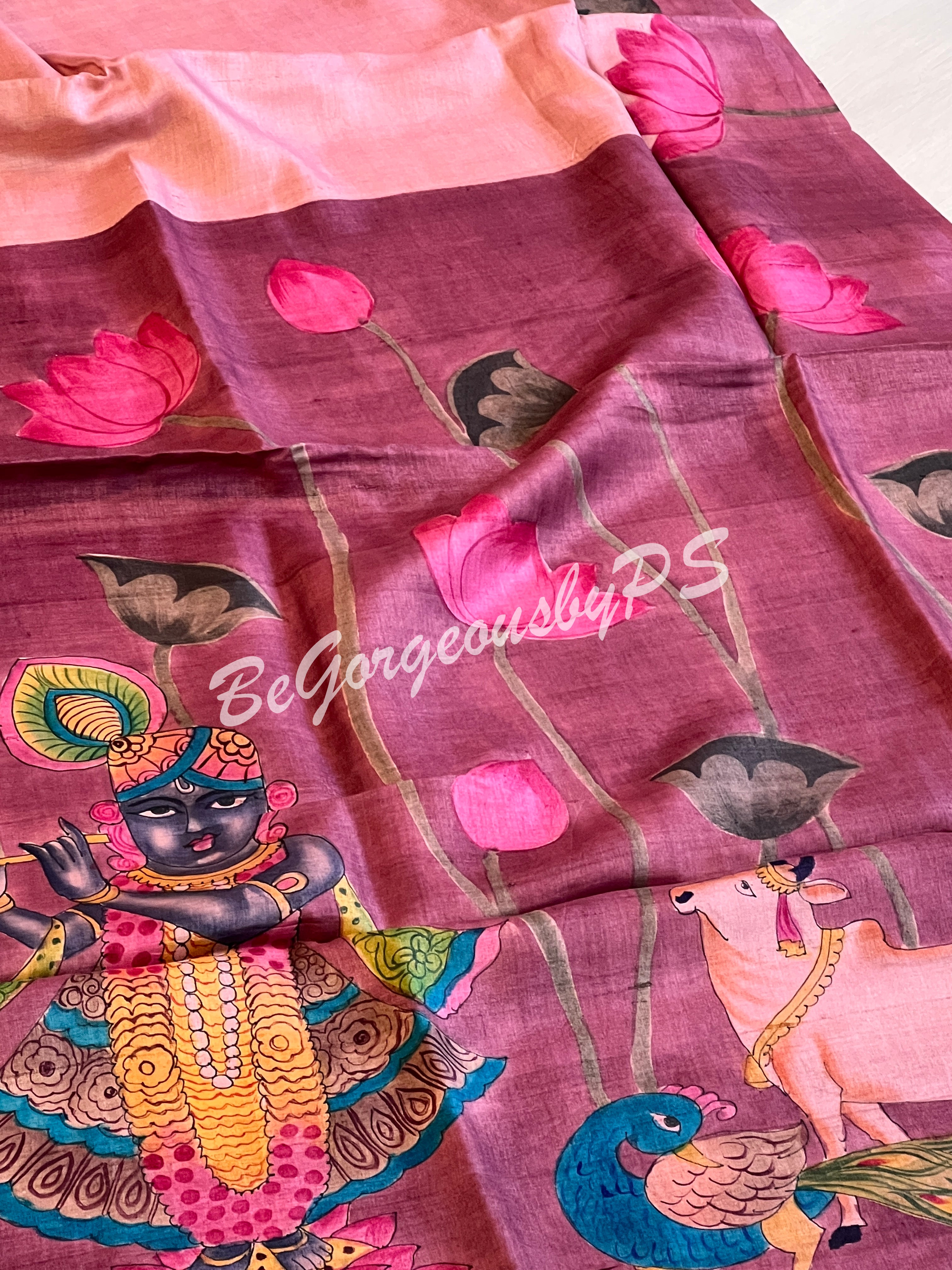 Tussar with handpainted pichwai work pink purple