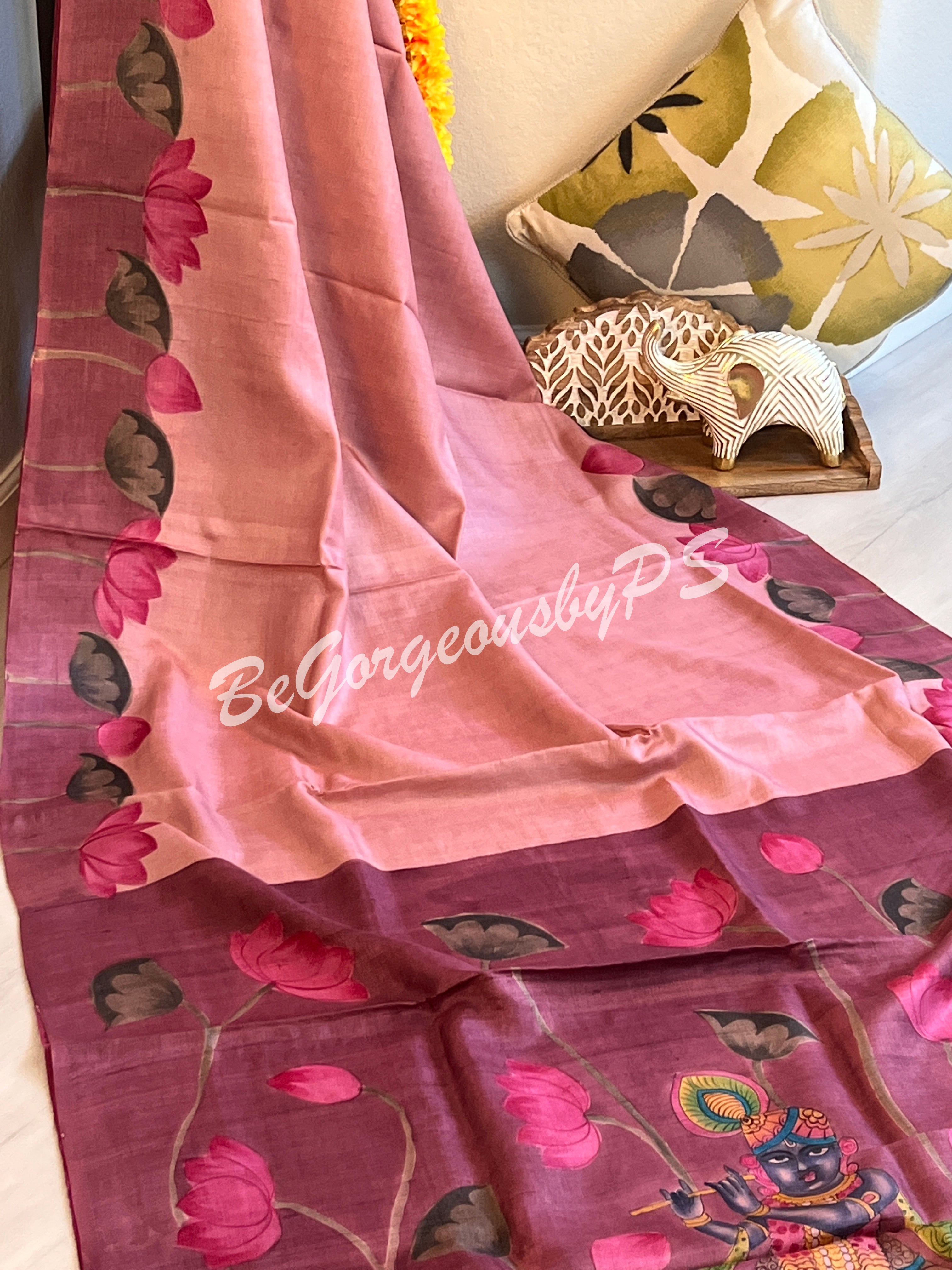 Tussar with handpainted pichwai work pink purple