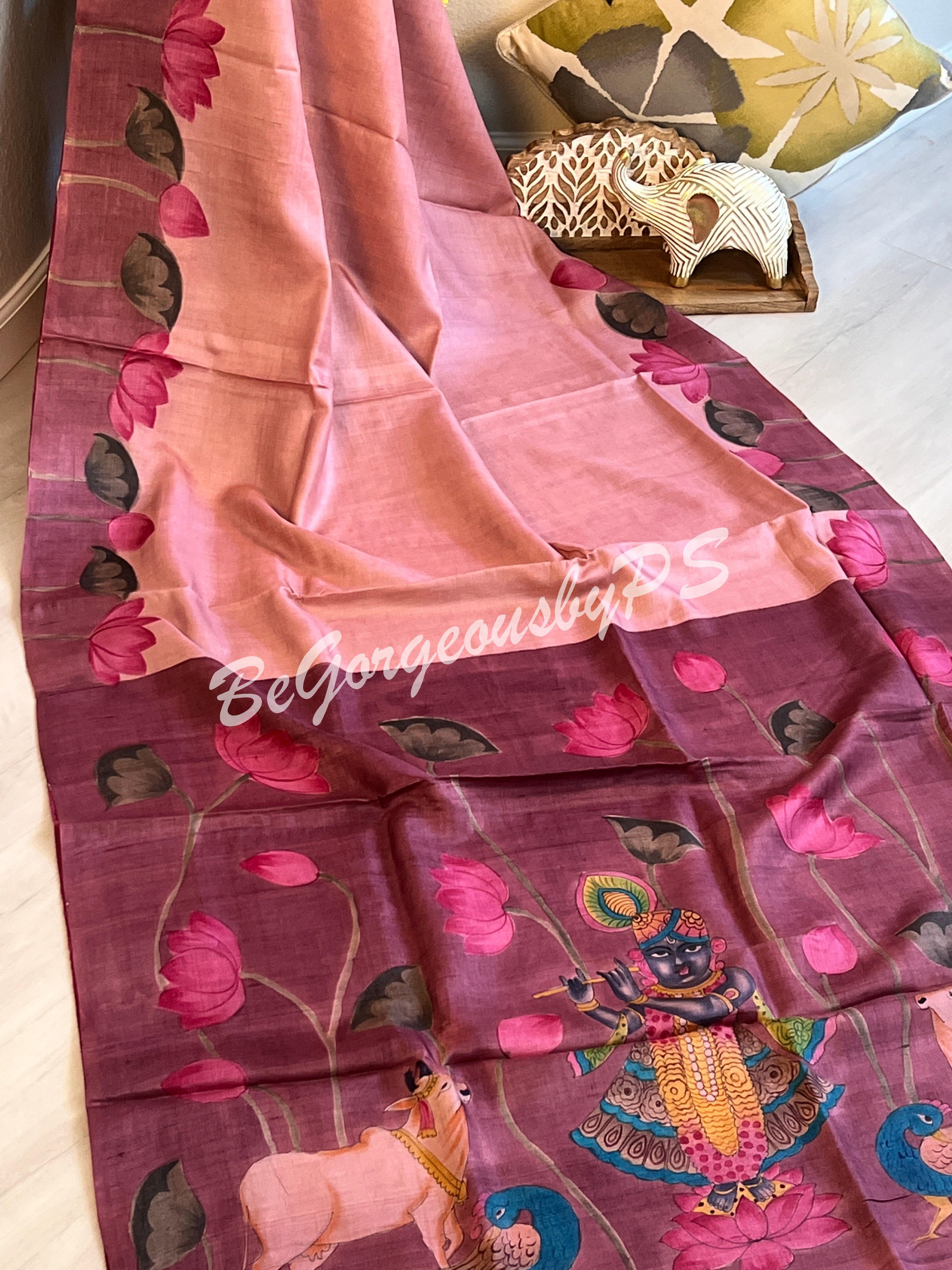 Tussar with handpainted pichwai work pink purple