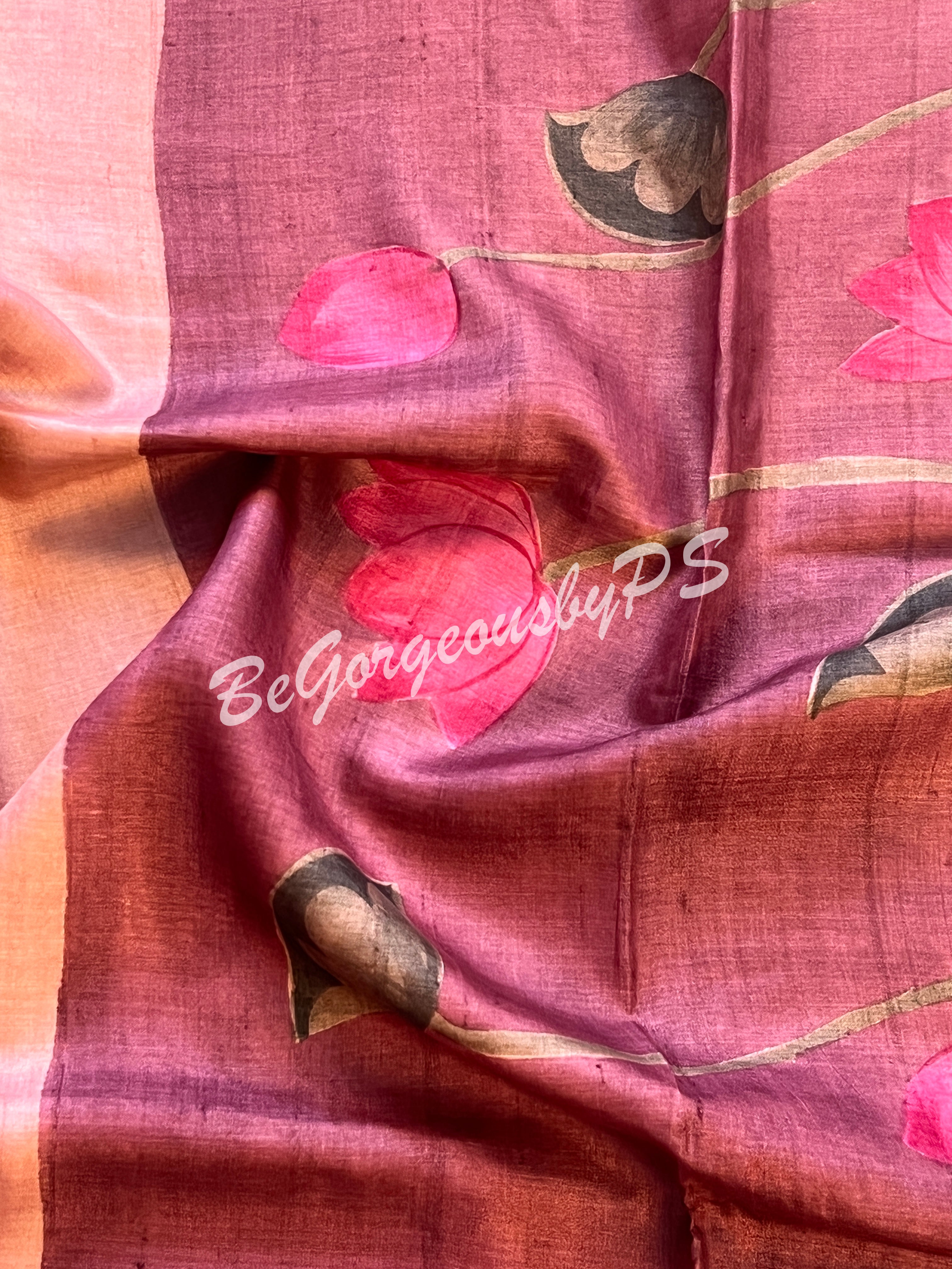 Tussar with handpainted pichwai work pink purple