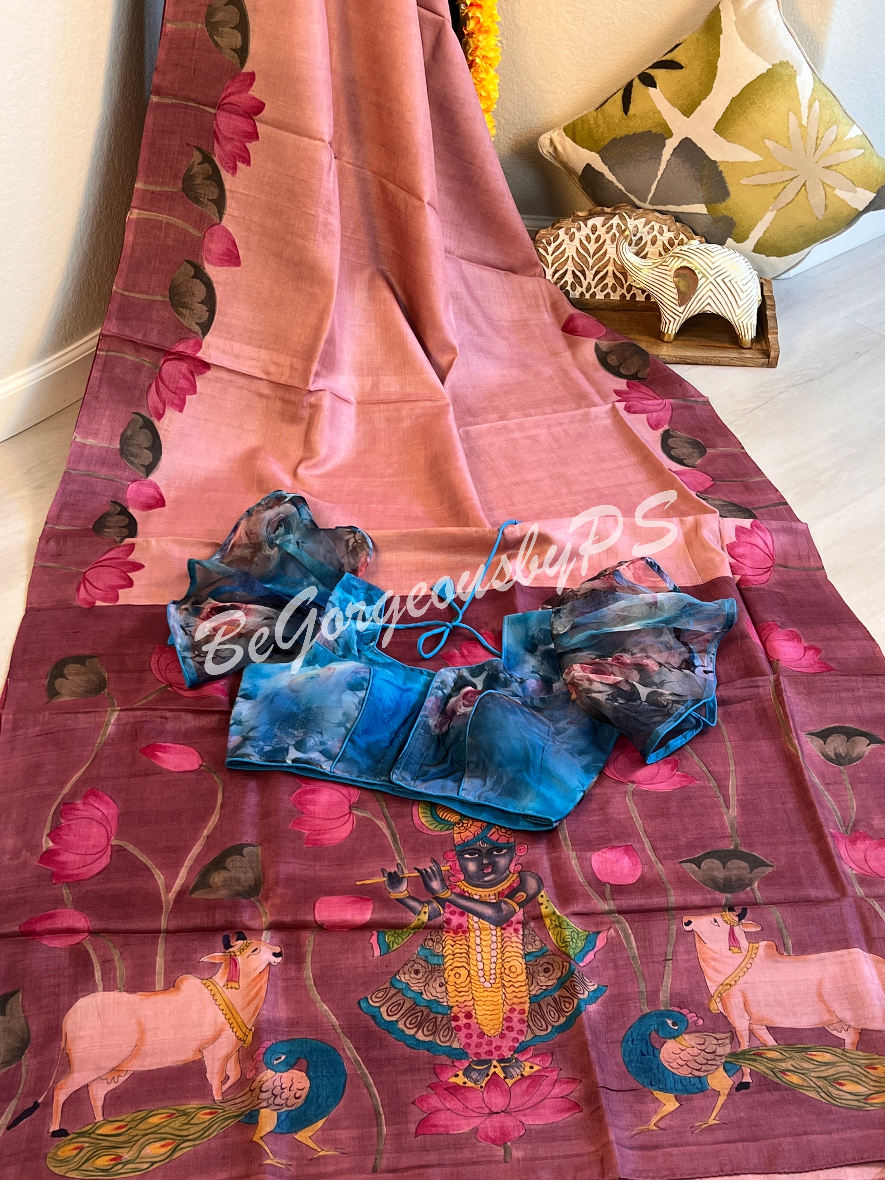 Tussar with handpainted pichwai work pink purple