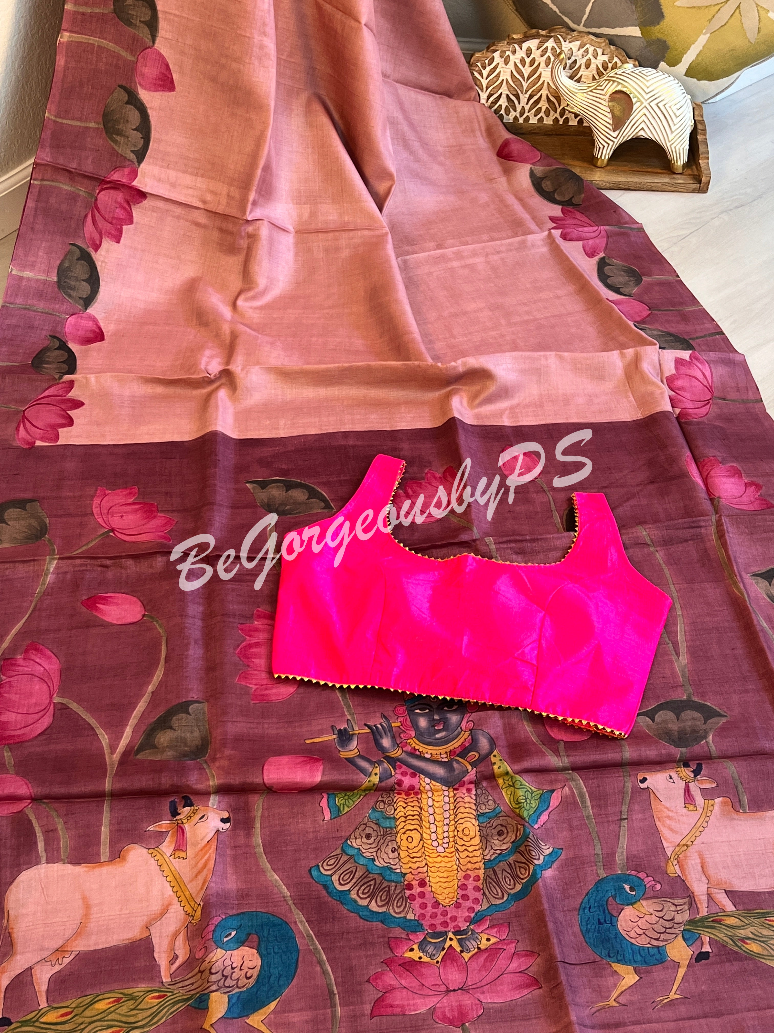 Tussar with handpainted pichwai work pink purple