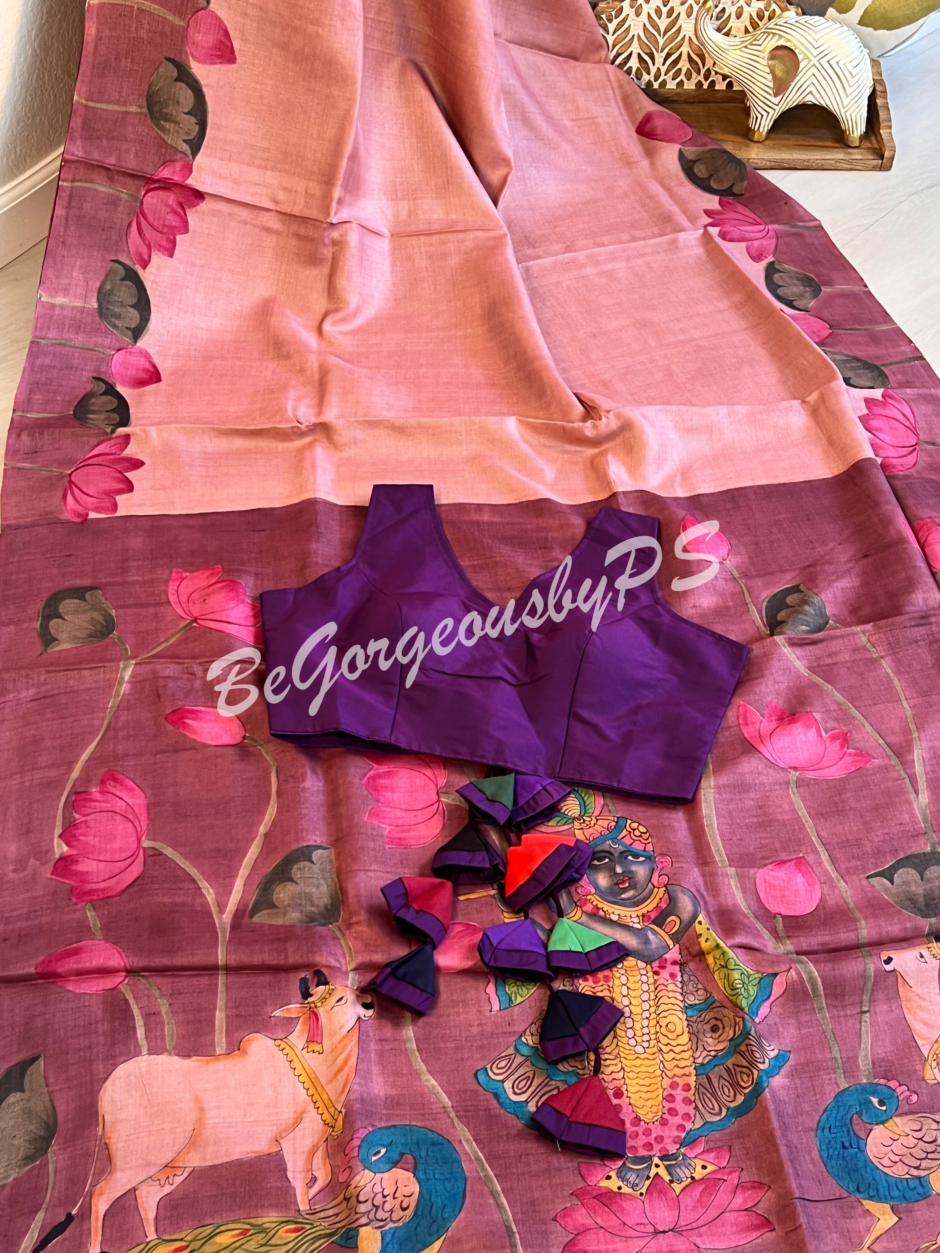 Tussar with handpainted pichwai work pink purple