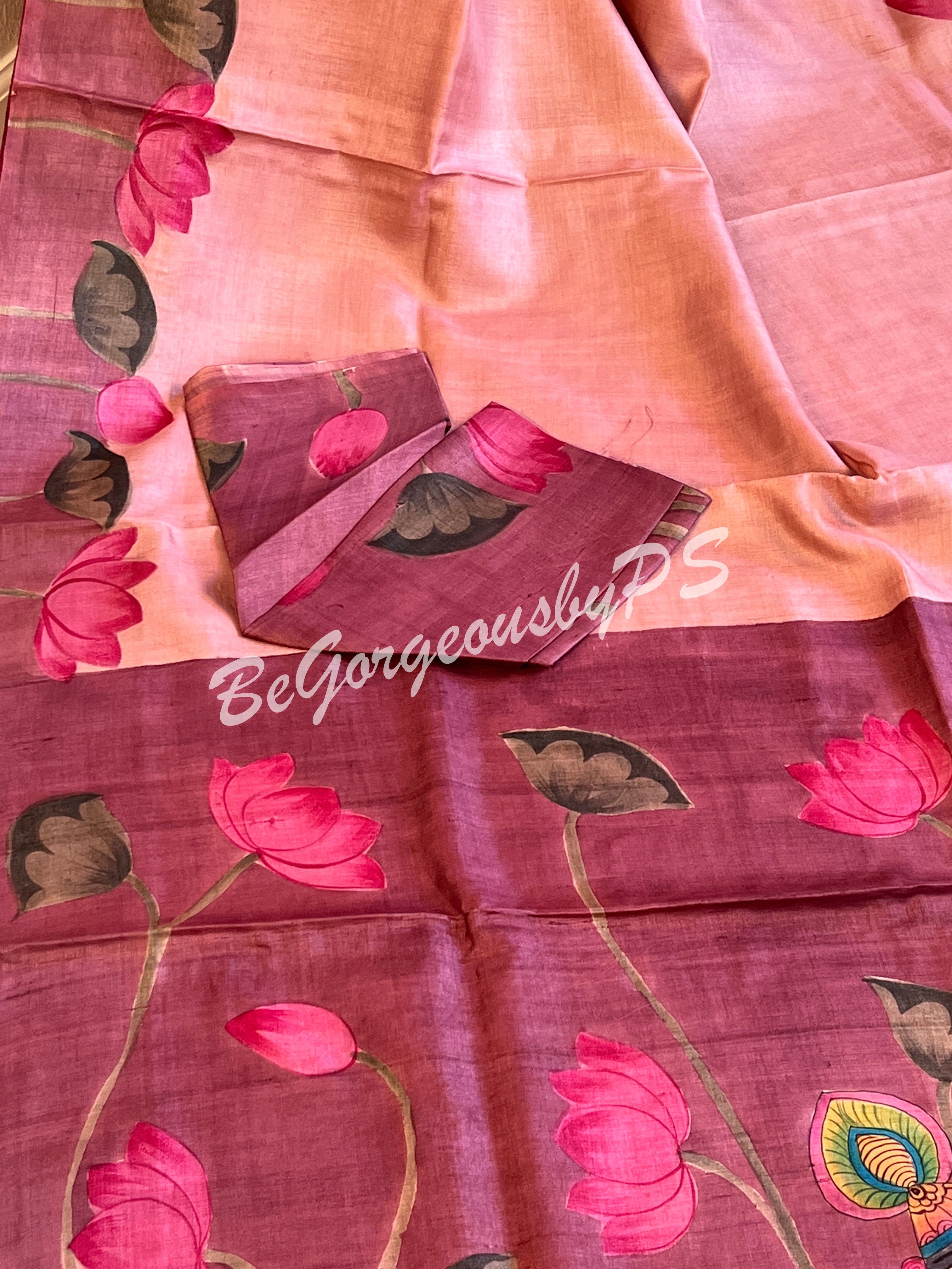 Tussar with handpainted pichwai work pink purple