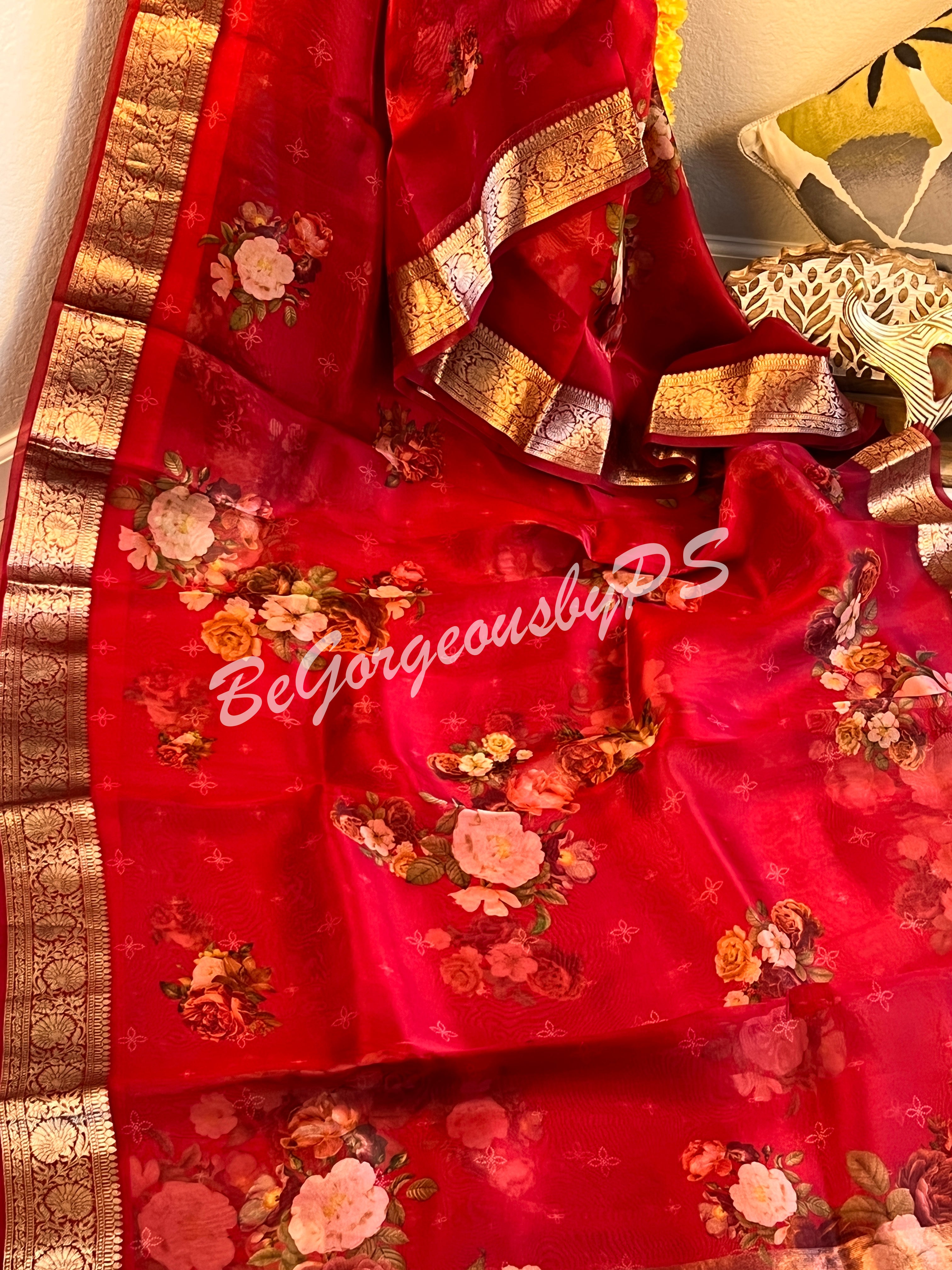 Organza Floral printed with zari border and pallu Red big flowers