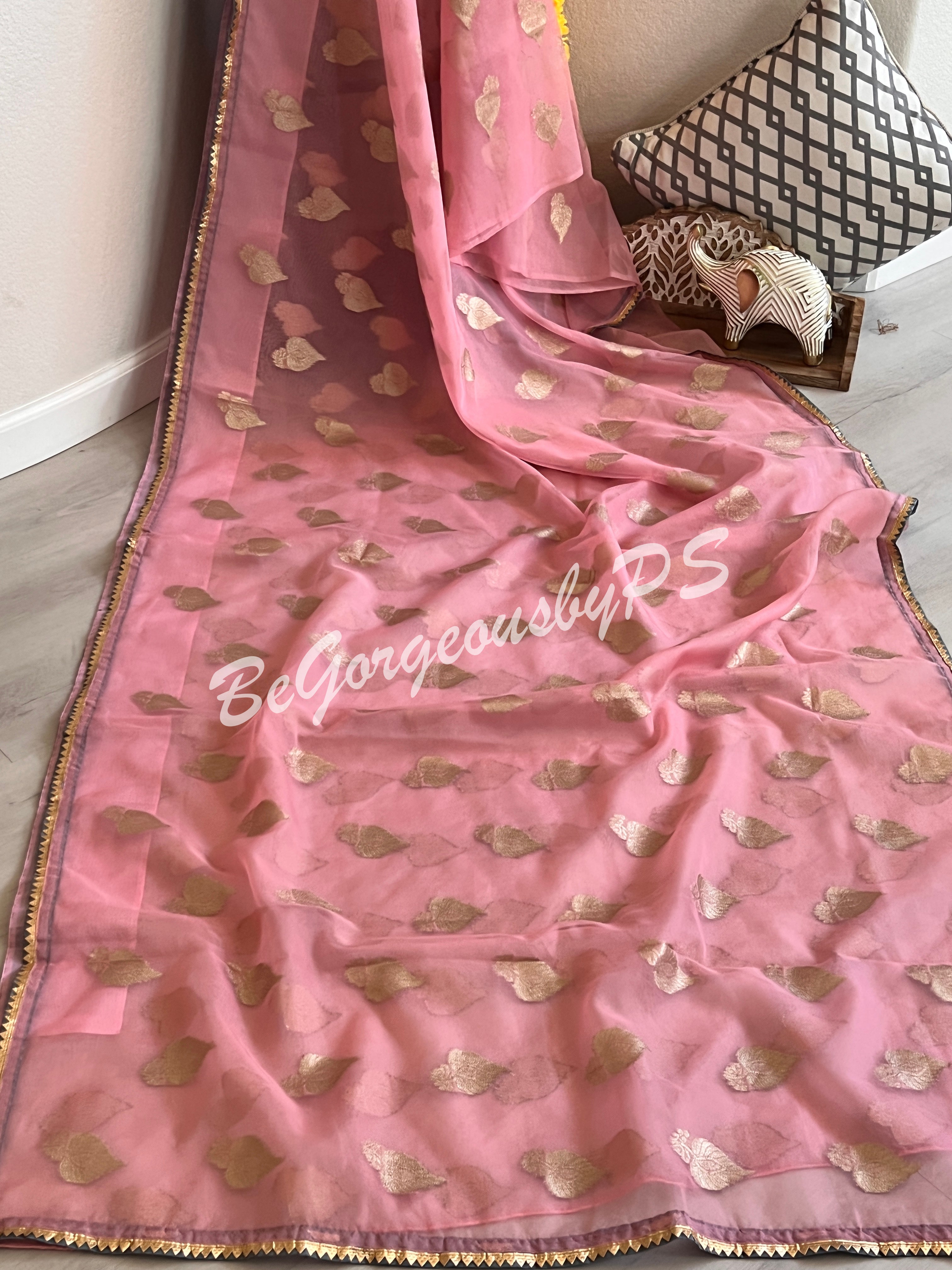 Organza with foil work Pink